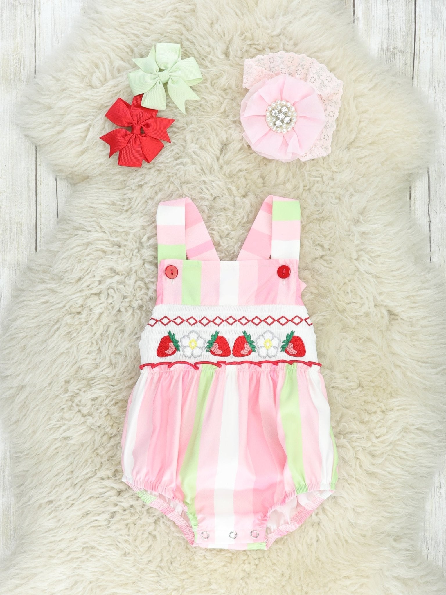 Pink & Green Striped Smocked Strawberry Bubble Romper - Marie Nicole Clothing