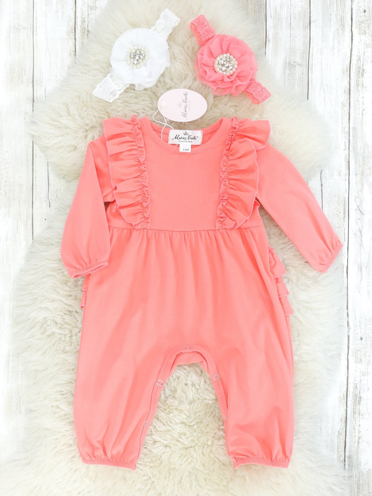Coral Long Sleeve Ruffle Romper - Marie Nicole Clothing