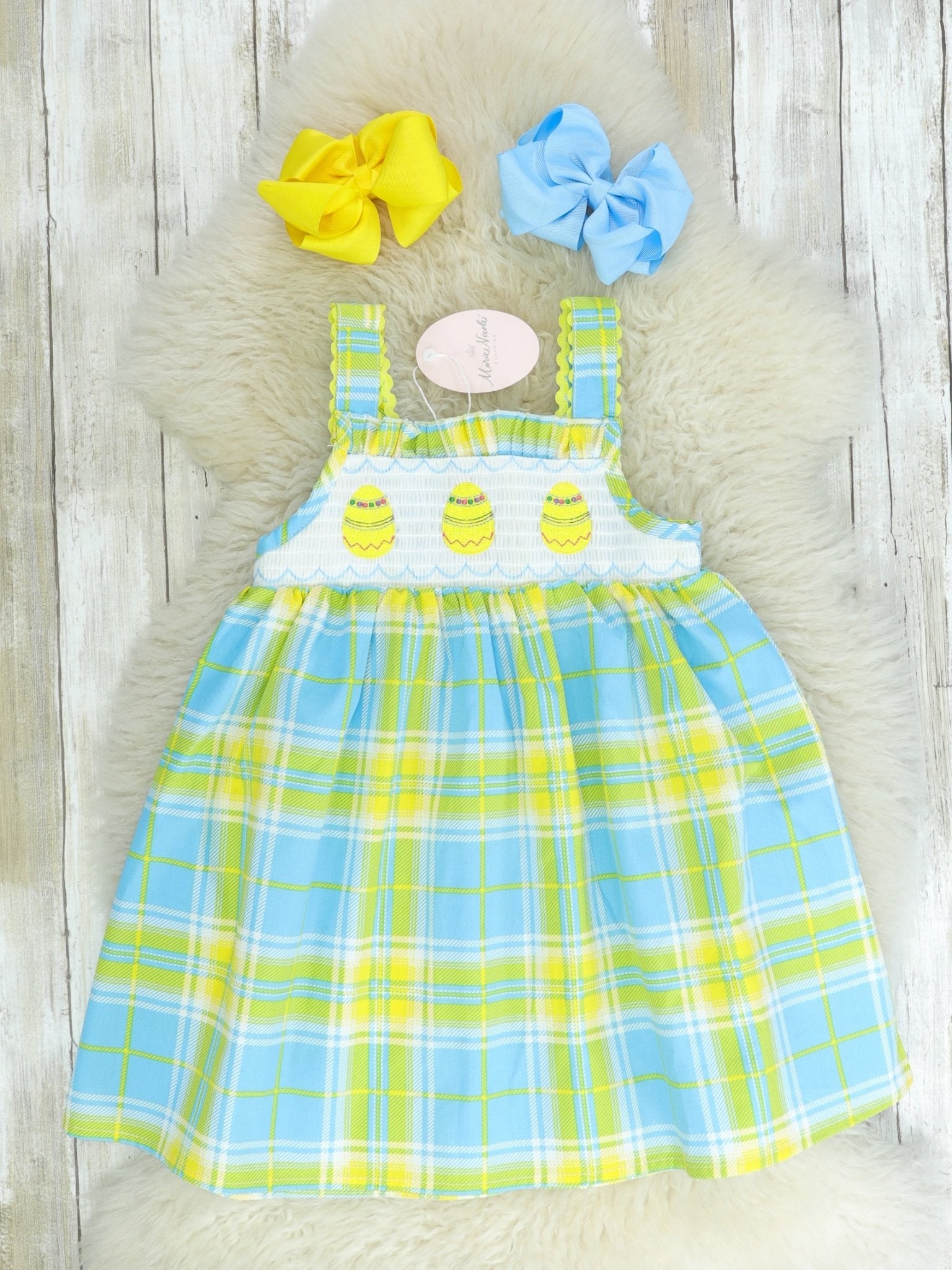 Blue, Green, & Yellow Plaid Easter Egg Smocked Dress - Marie Nicole Clothing