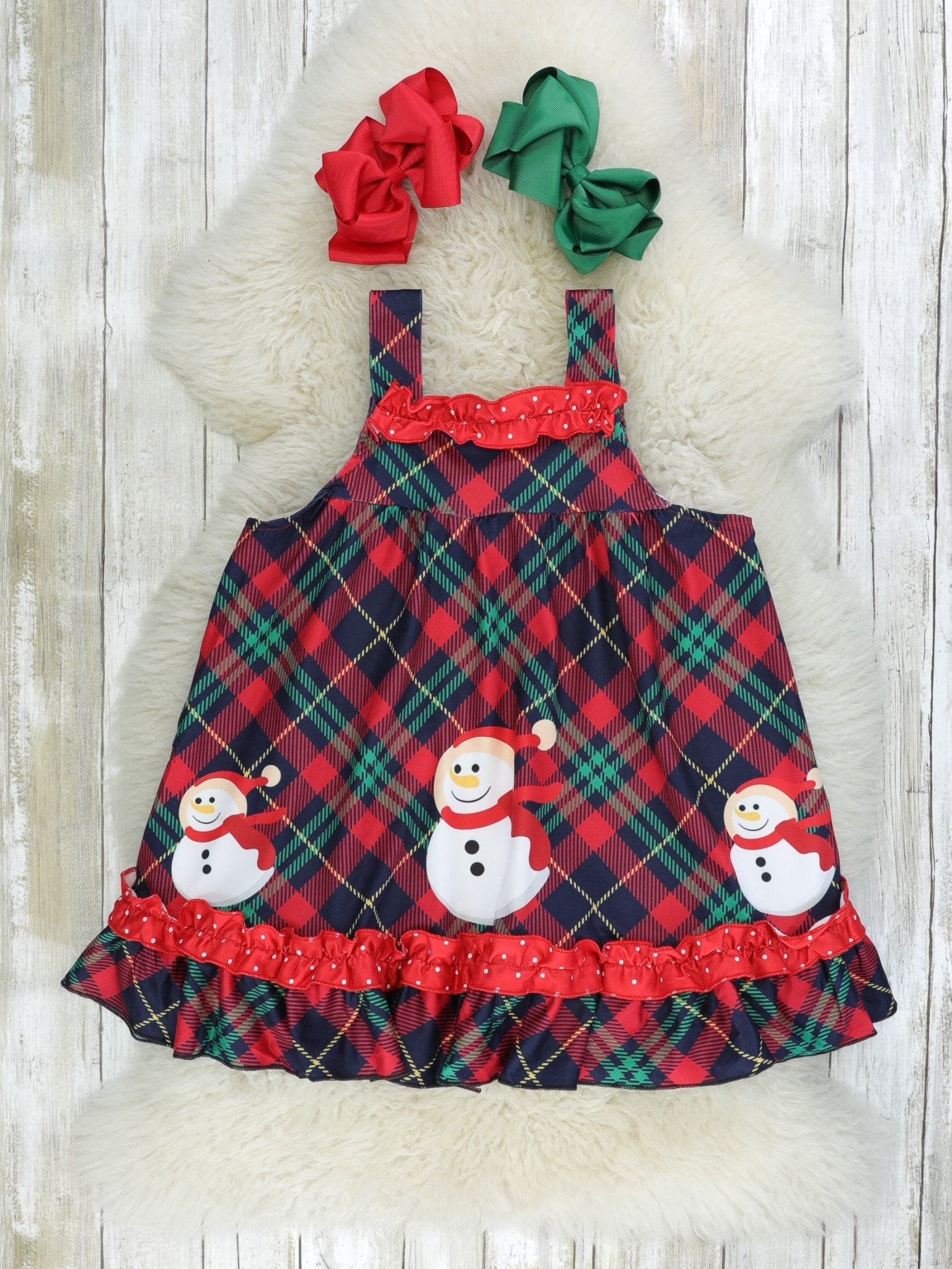Plaid Snowman Ruffle Dress W/ White Top - Marie Nicole Clothing