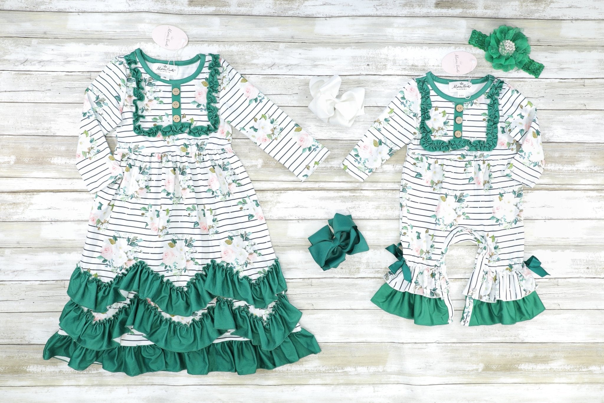 Forrest Green Striped Floral Ruffle Romper - Marie Nicole Clothing