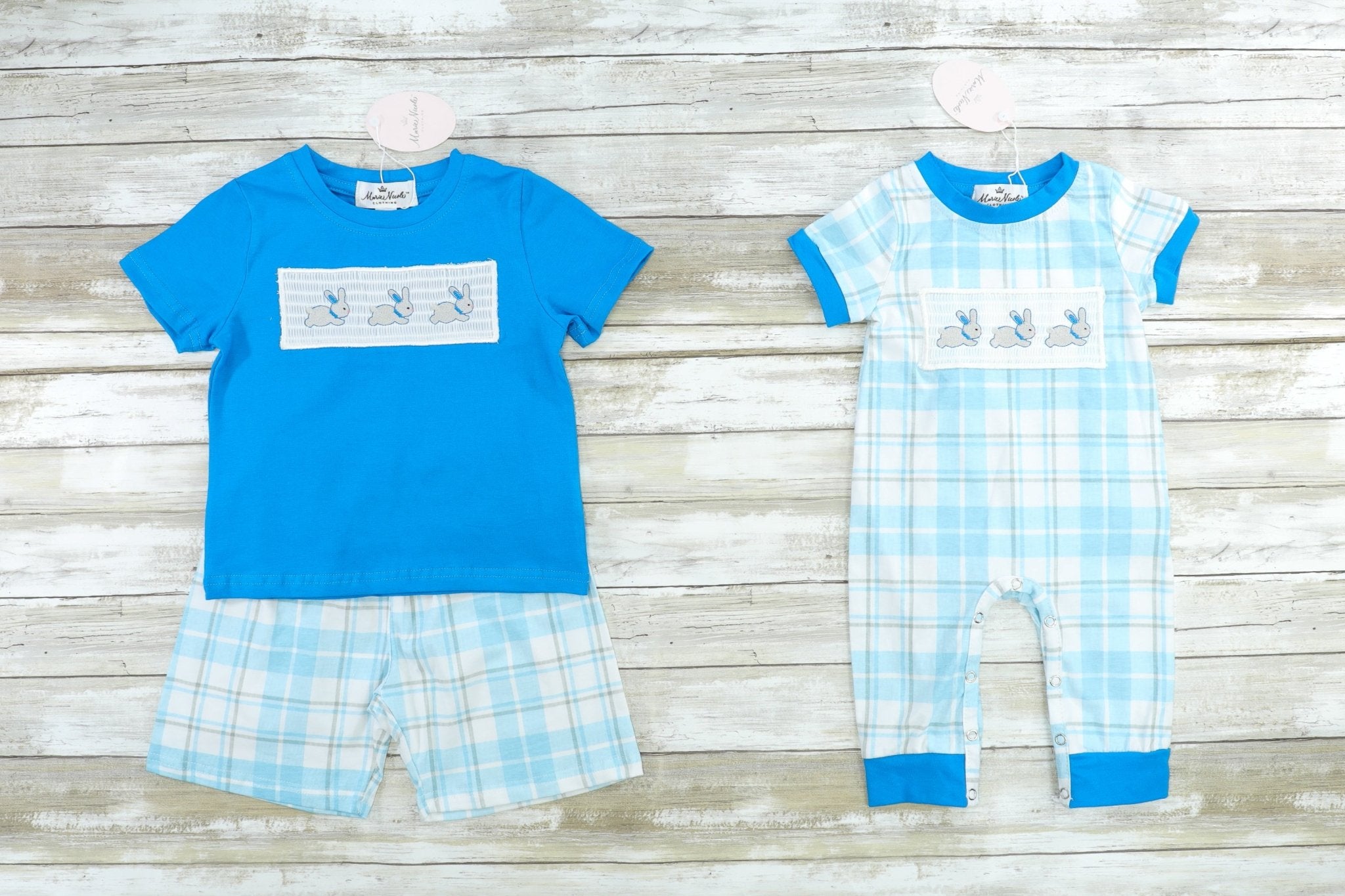 Blue Smocked Easter Bunny Ruffle Outfit - Marie Nicole Clothing