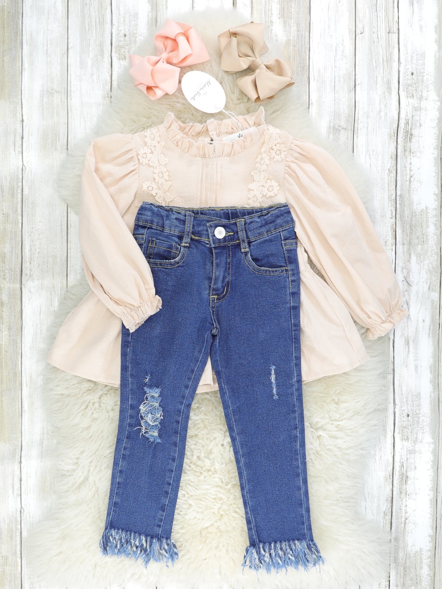 Cream Vintage Mock Neck Top & Distressed Denim Outfit - Marie Nicole Clothing