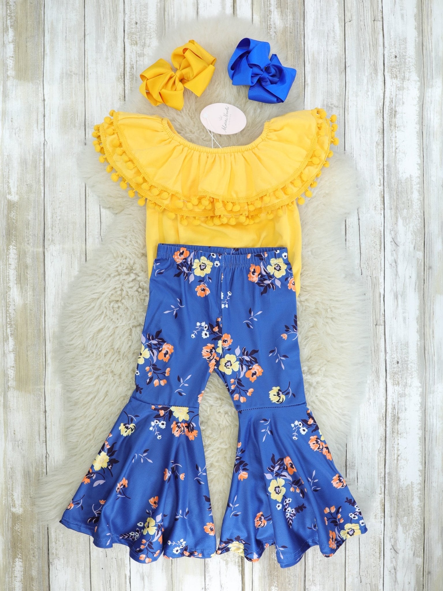 Yellow Pom - Pom Top & Navy Floral Bell Bottoms Outfit - Marie Nicole Clothing