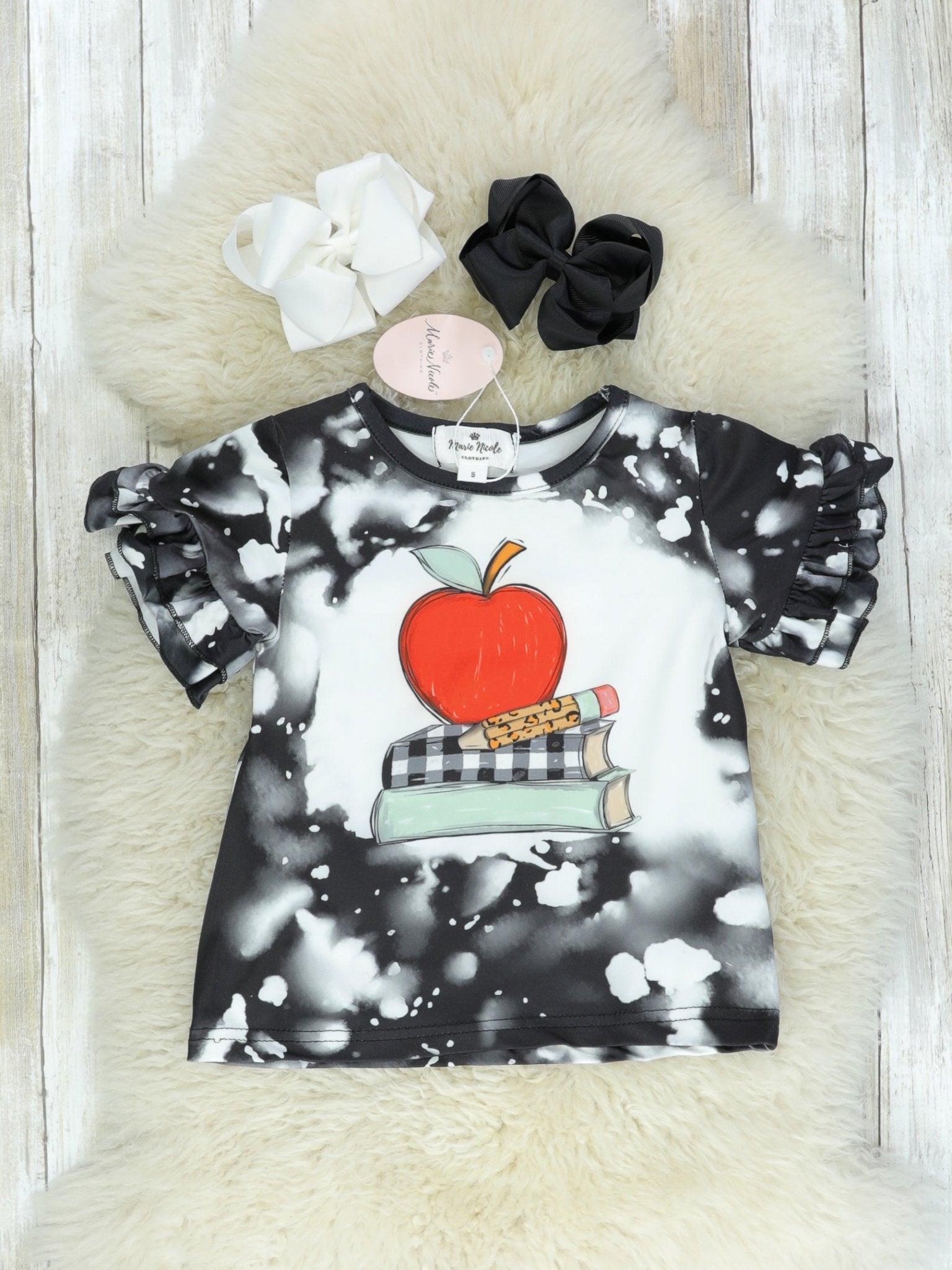 Black Bleach Apple Ruffle T-Shirt - Marie Nicole Clothing