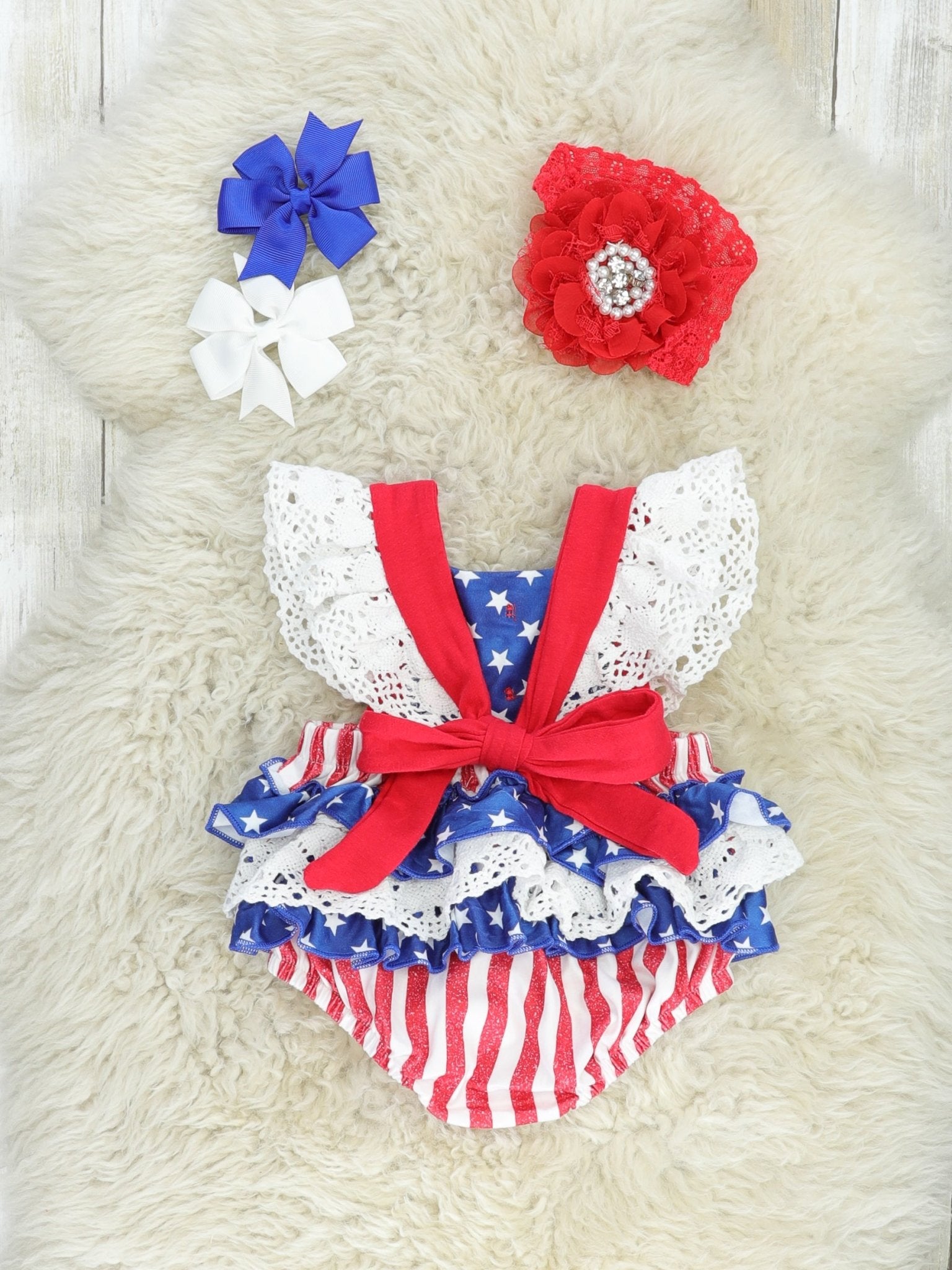 Stars & Stripes Ruffle Bubble Romper - Marie Nicole Clothing