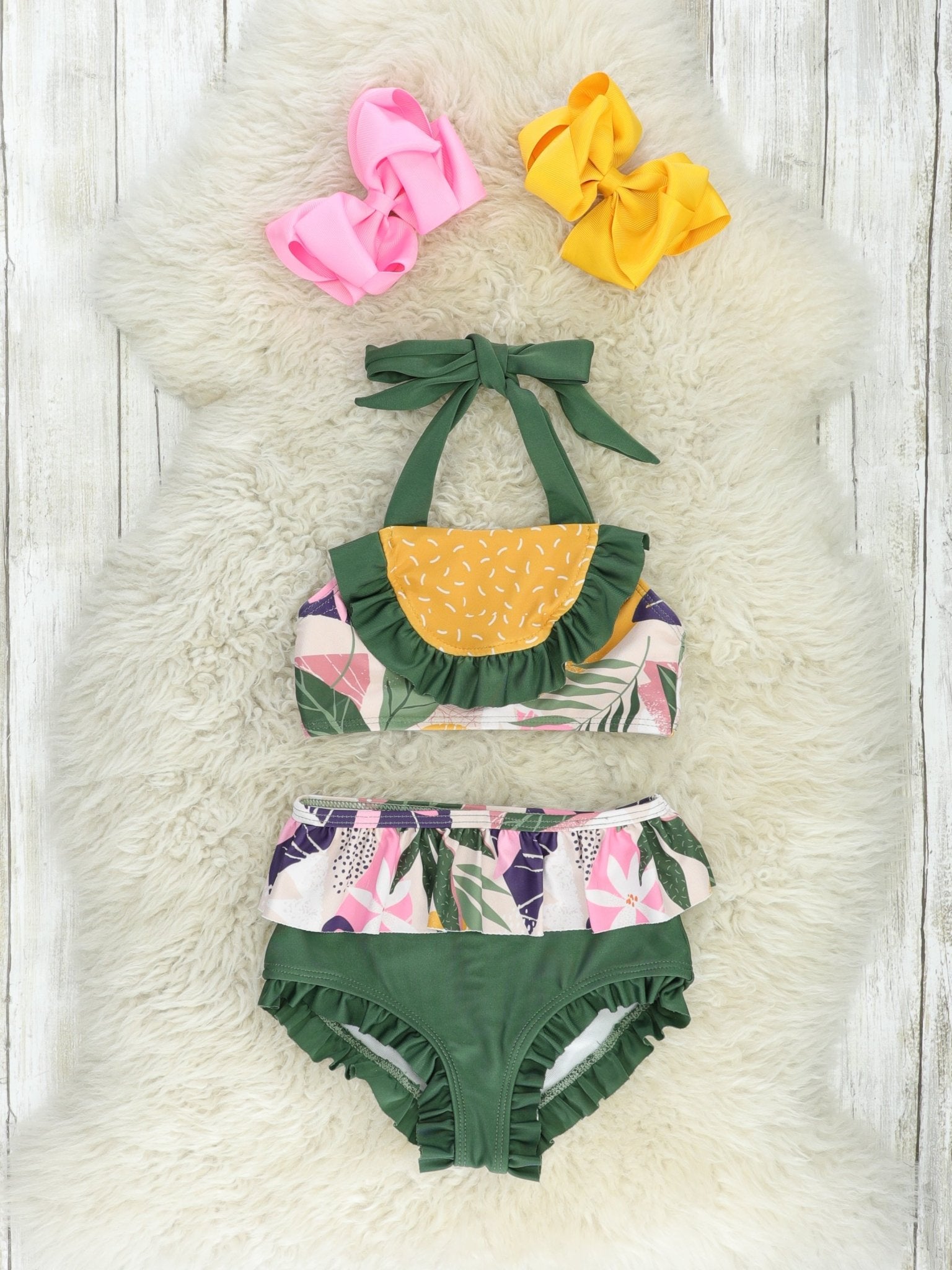 Olive Floral 2 - Piece Ruffle Swimsuit - Marie Nicole Clothing