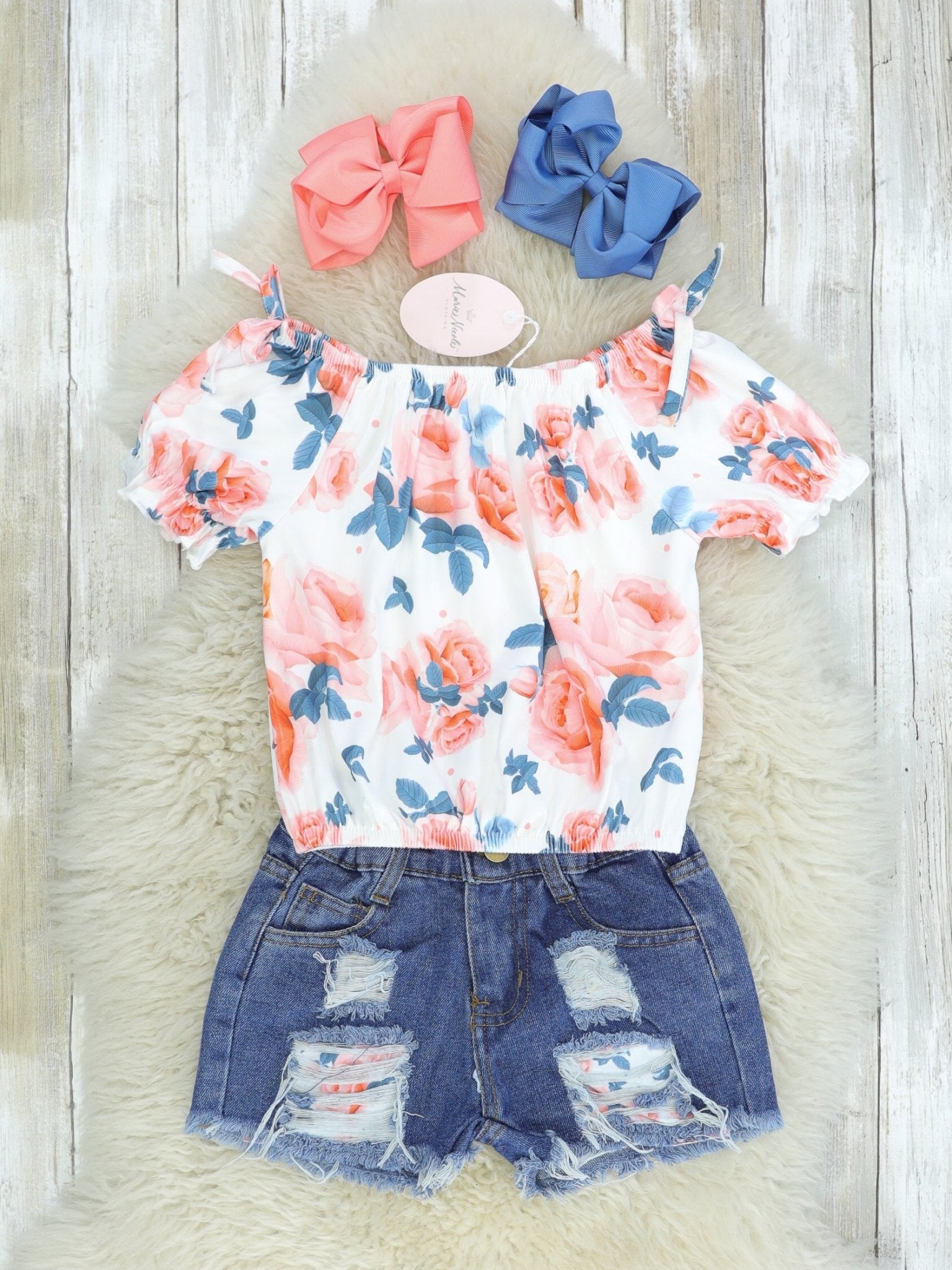 Peachy Floral Tie Shirt & Distressed Denim Outfit - Marie Nicole Clothing