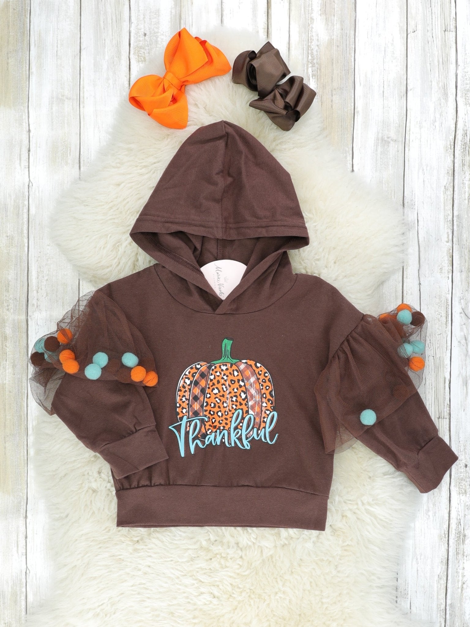 "Thankful" Leopard Pumpkin Pom Pom Hoodie - Marie Nicole Clothing
