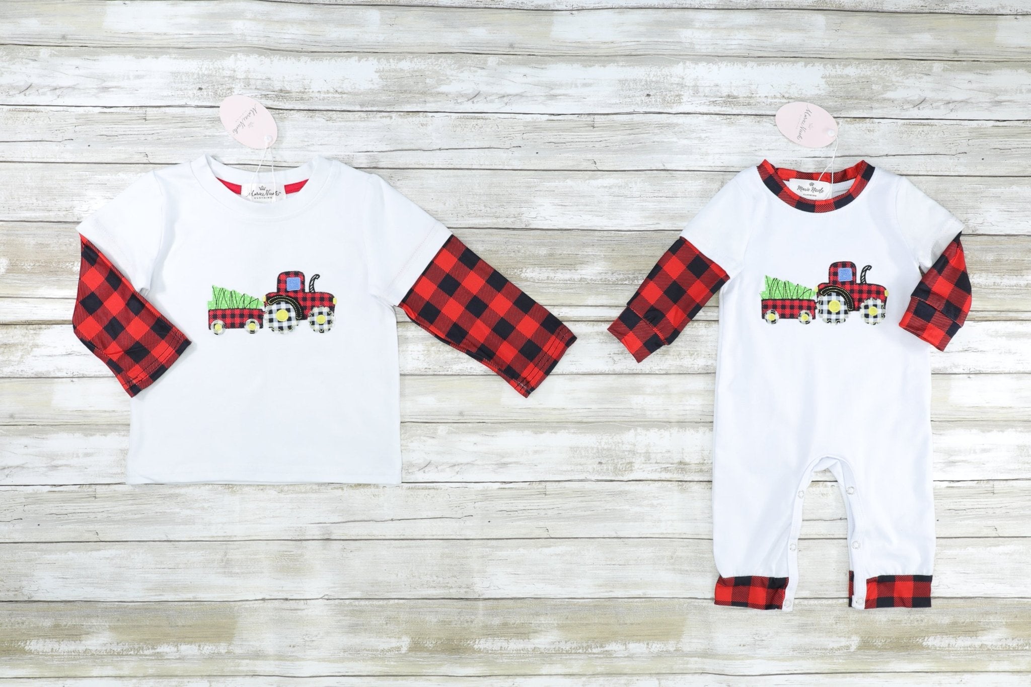 Buffalo Plaid Christmas Tree Tractor Romper - Marie Nicole Clothing