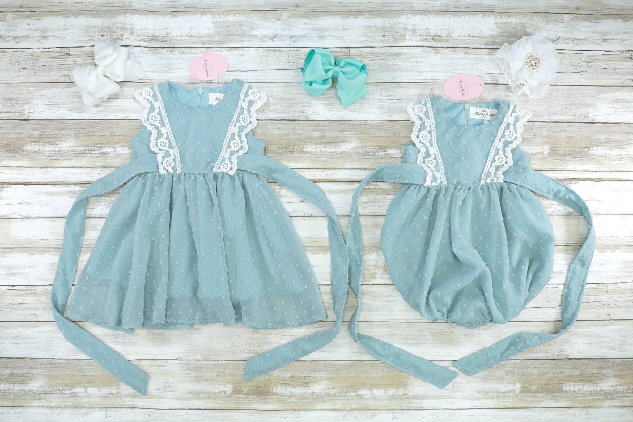 Ash Blue Lace Swiss Dot Bubble Romper - Marie Nicole Clothing