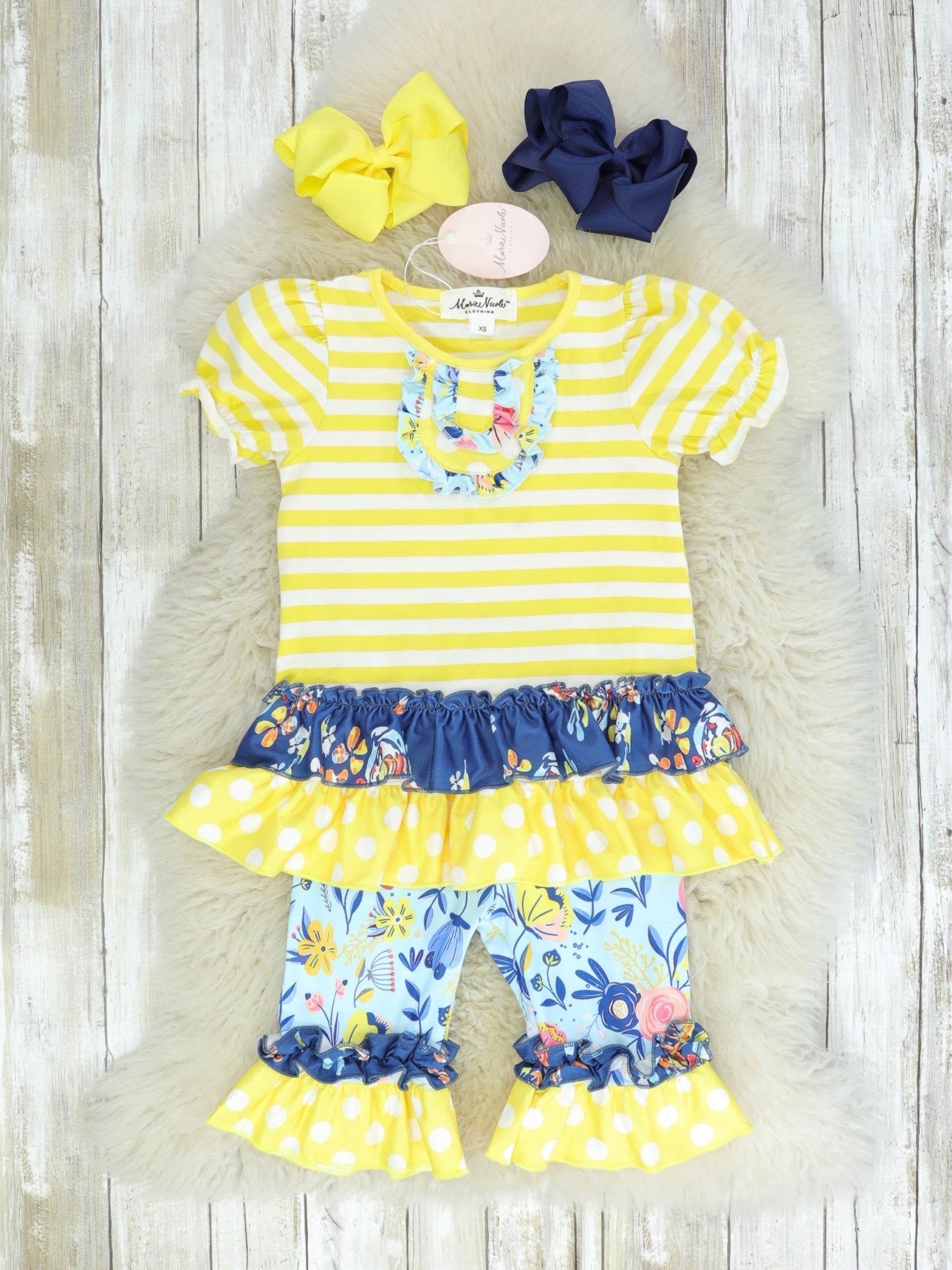 Yellow & Navy Mixed Florals Ruffle Outfit - Marie Nicole Clothing