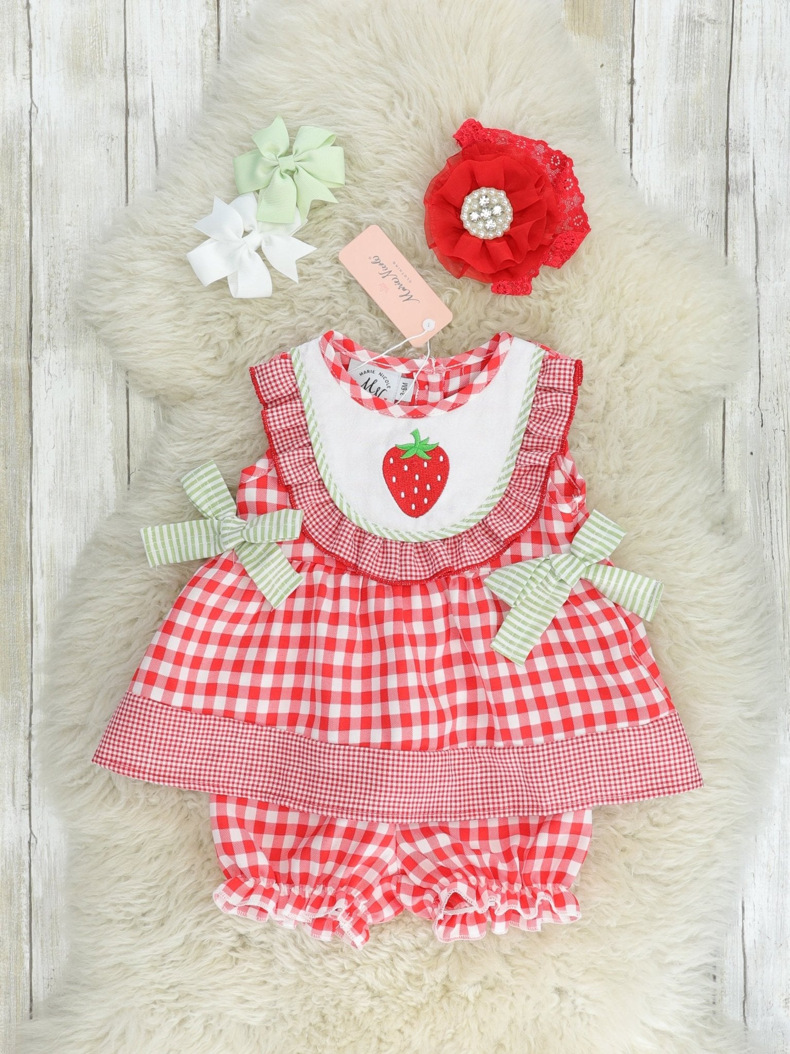 Red Gingham Strawberry Bib Collar Bloomers Outfit - Marie Nicole Clothing