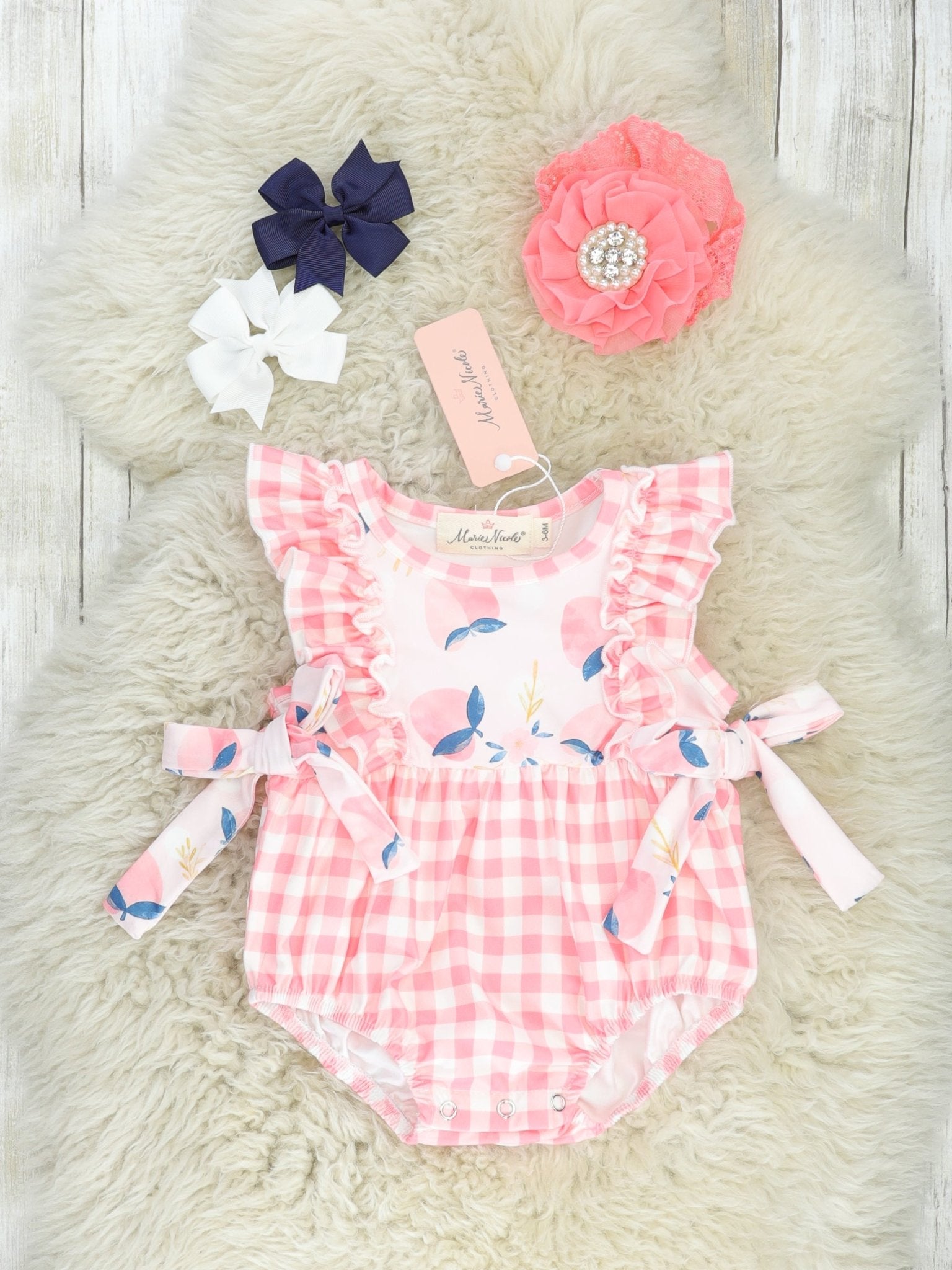 Pink Gingham Peach Ruffle Bubble Romper - Marie Nicole Clothing