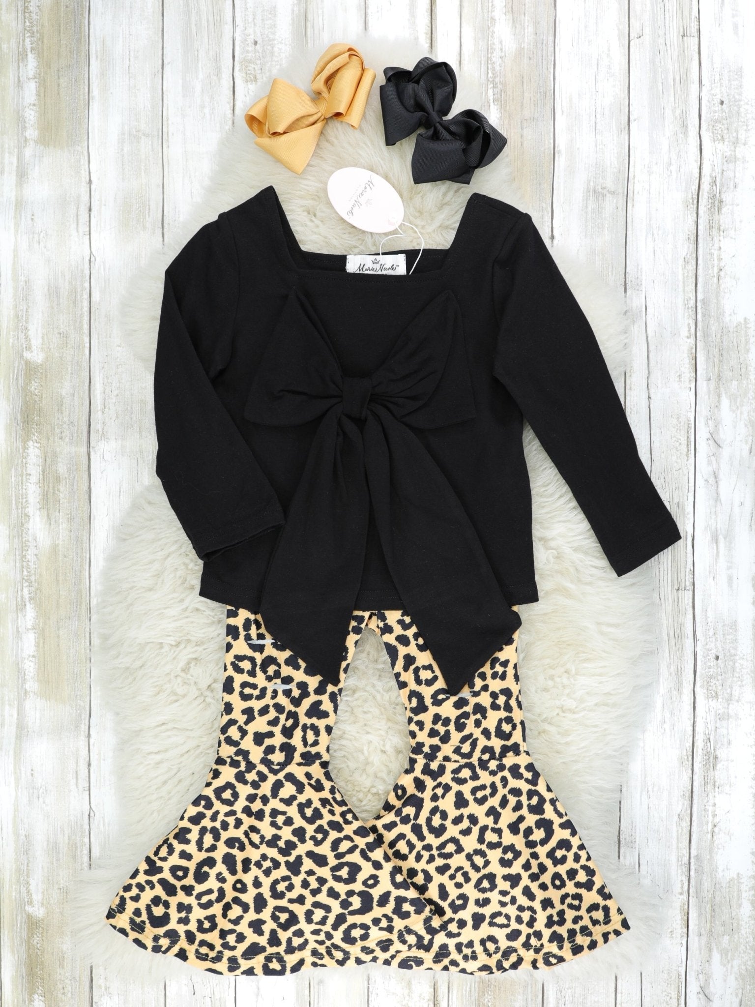 Black Bow Top & Leopard Bell Bottoms Outfit - Marie Nicole Clothing
