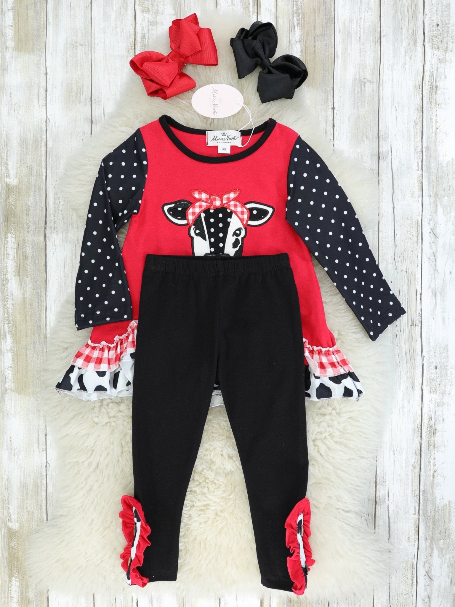 Red Polka Dot Cow Ruffle Outfit - Marie Nicole Clothing