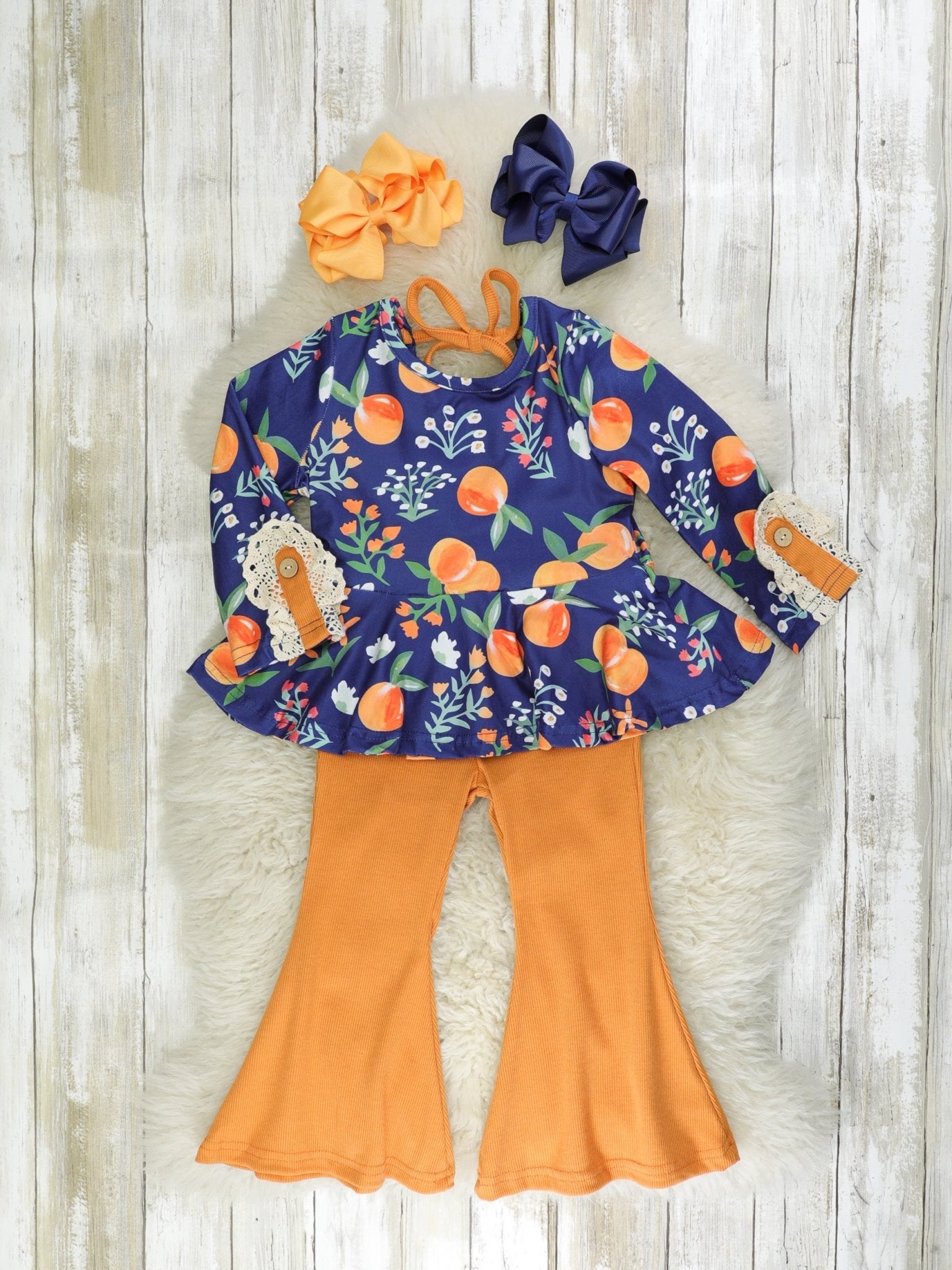 Navy & Burnt Orange Persimmon Tunic Top & Bell Bottoms Outfit - Marie Nicole Clothing