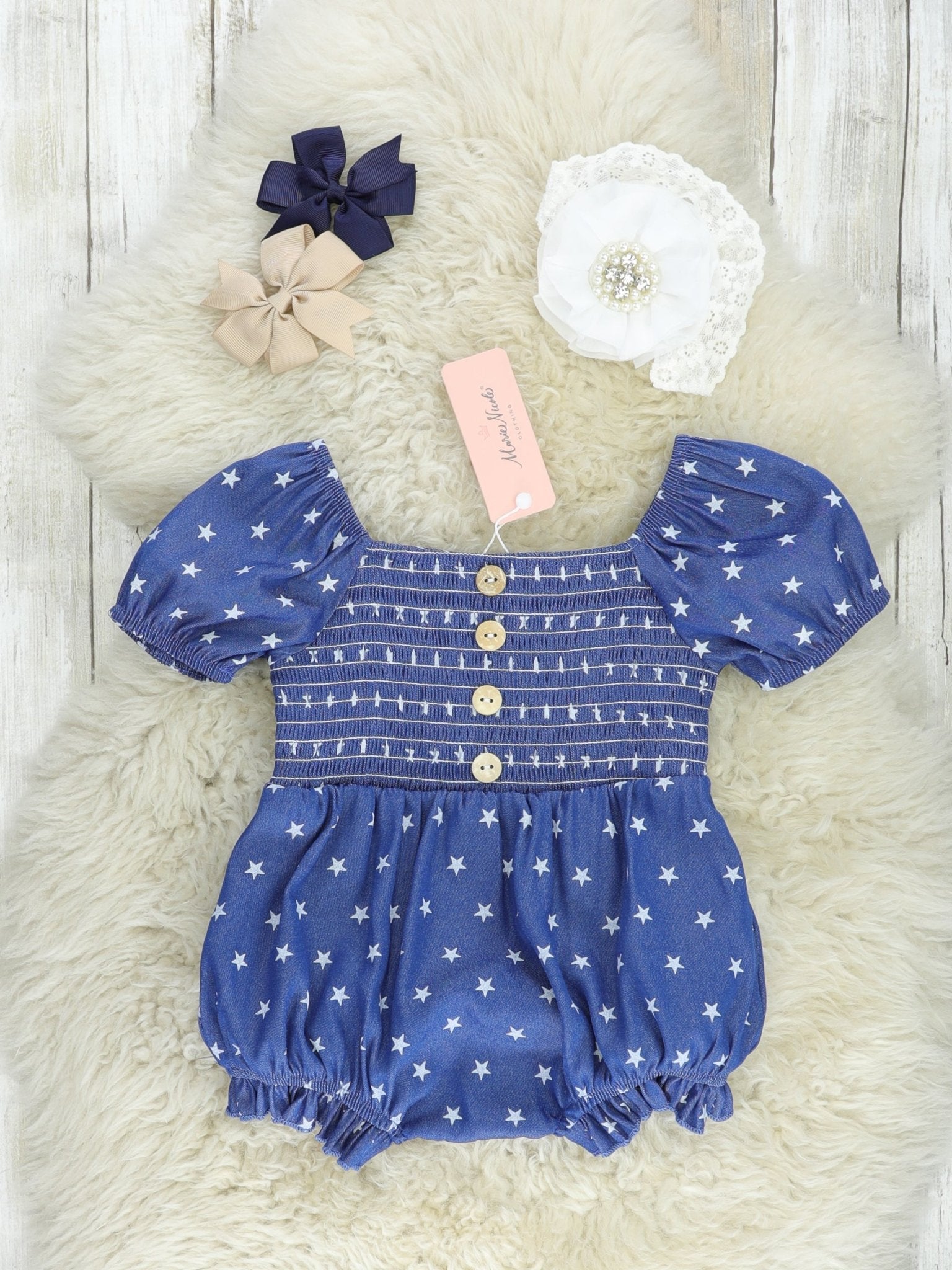Navy Smocked Little Star Bubble Romper - Marie Nicole Clothing