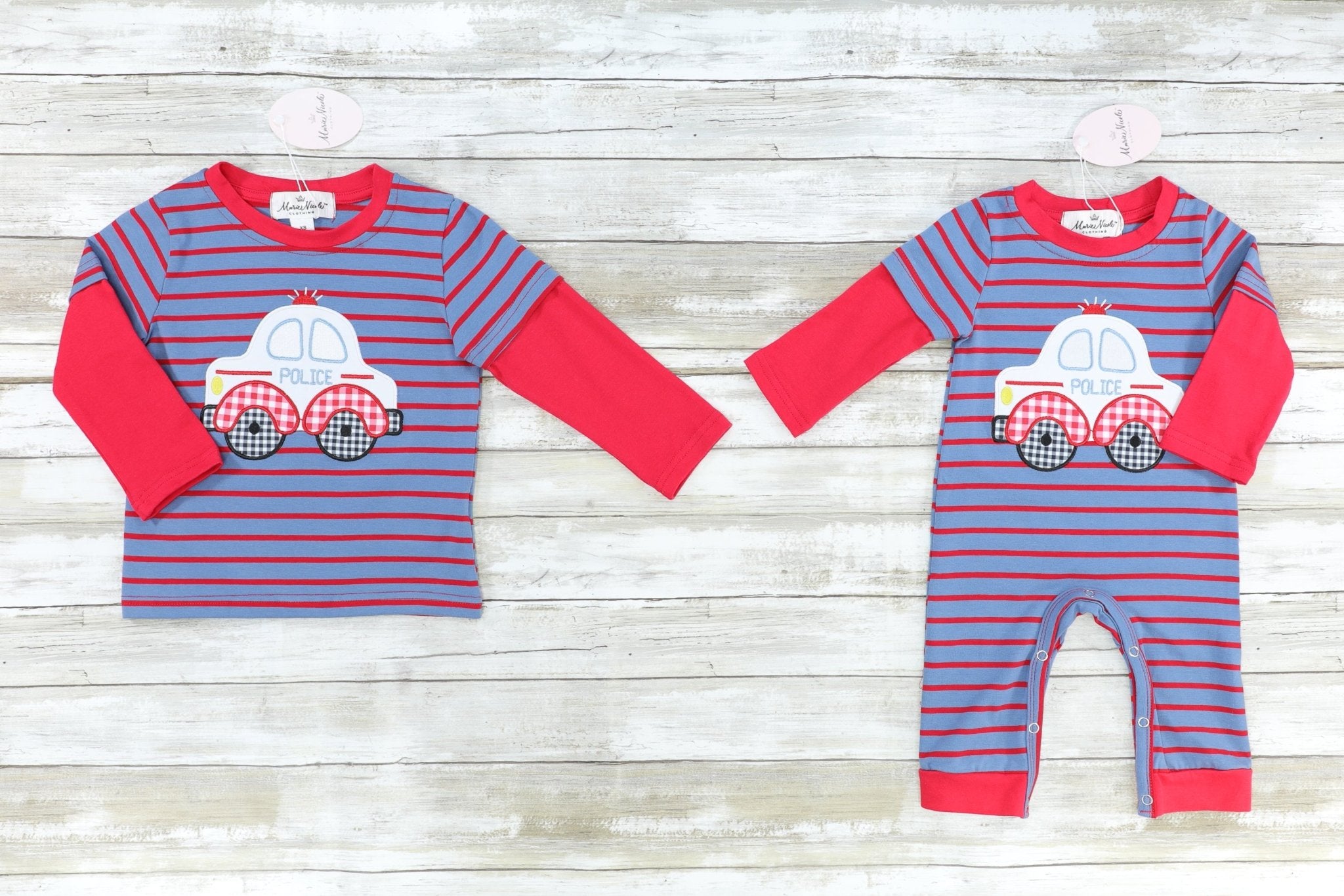 Blue & Red Striped Police Car Romper - Marie Nicole Clothing