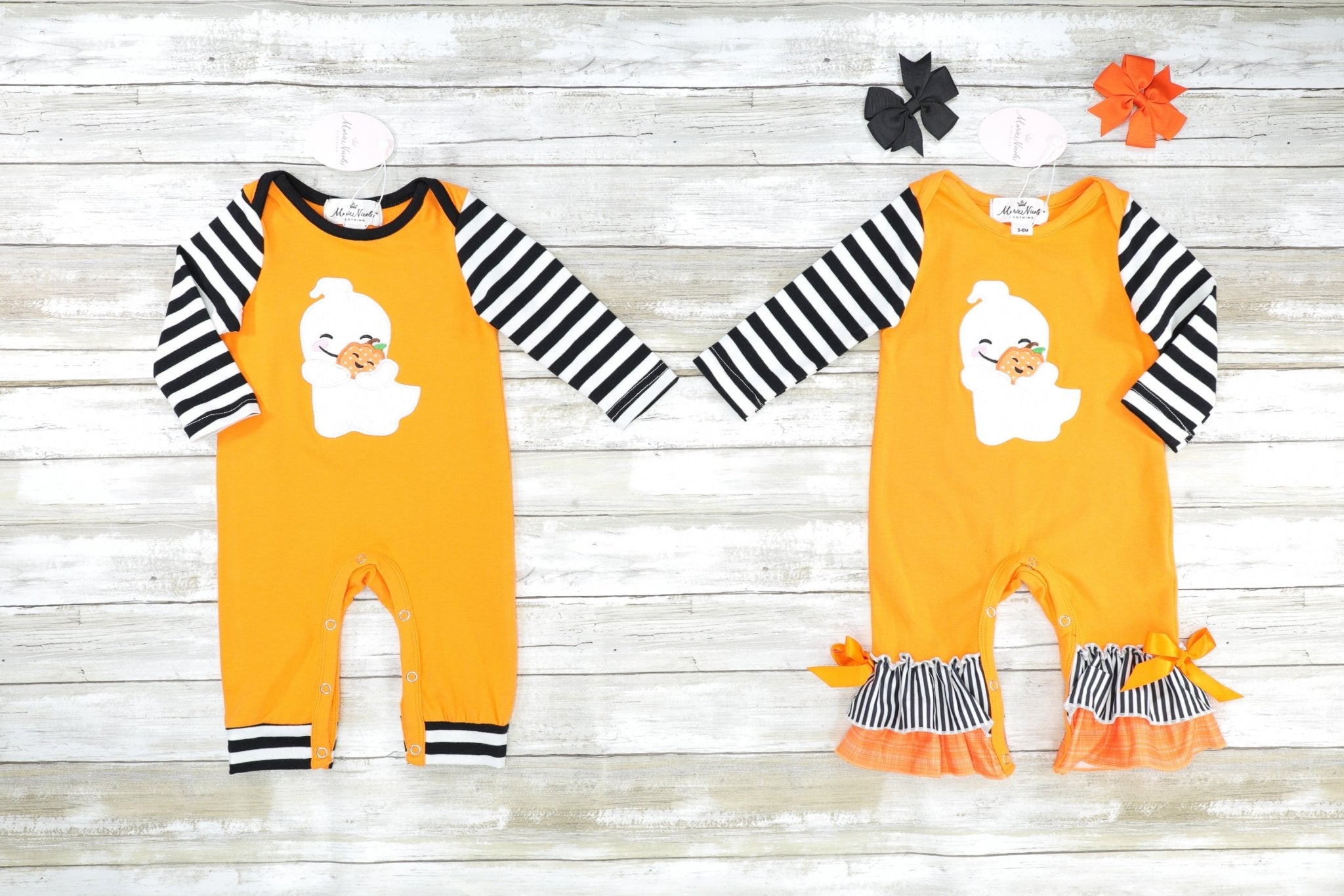 Striped Raglan Cuddle Ghost Ruffle Romper - Marie Nicole Clothing