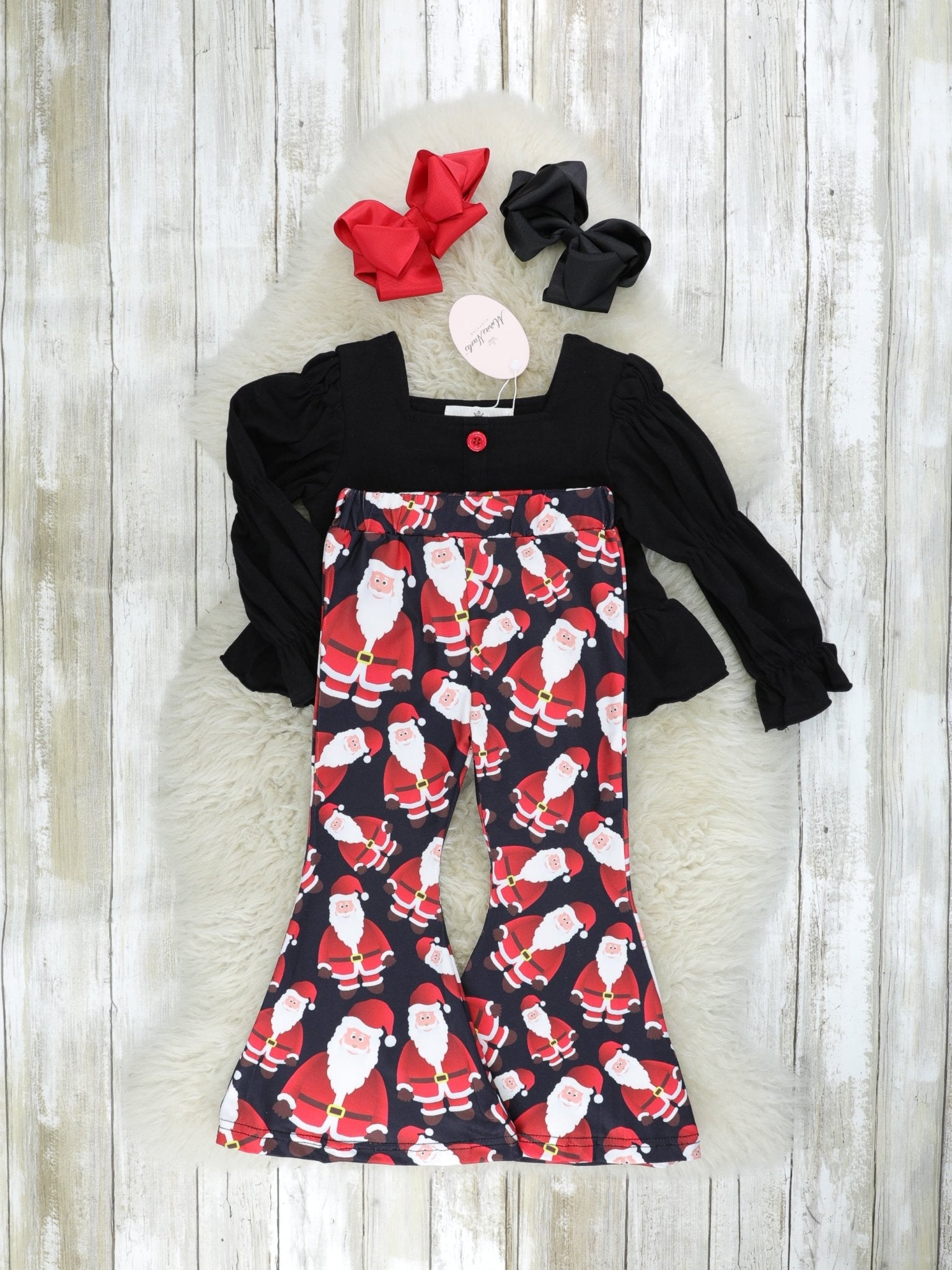 Black Puff Sleeve Top & Santa Bell Bottoms Outfit - Marie Nicole Clothing
