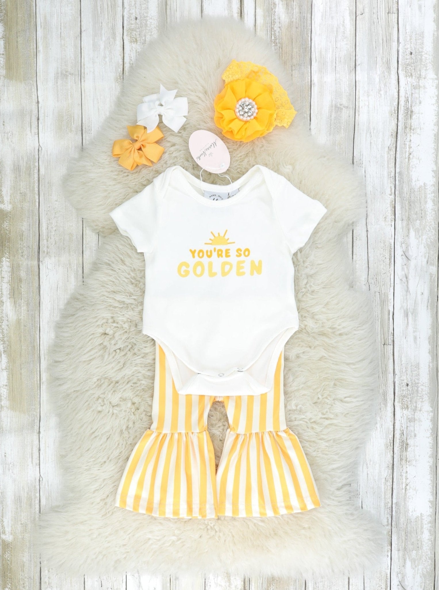 "Golden" Onesie & Striped Bell Bottoms Outfit - Marie Nicole Clothing