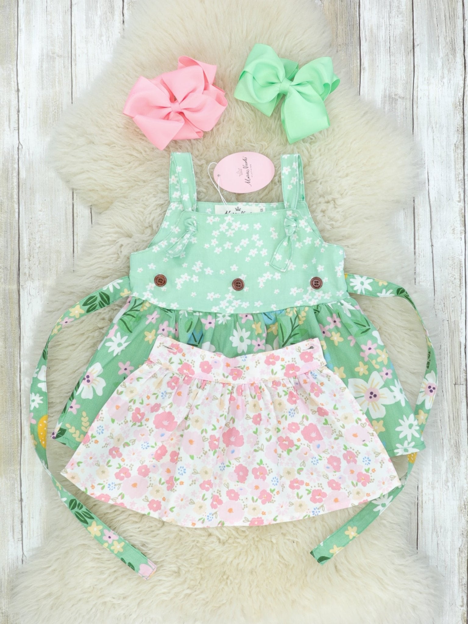 Green & Pink Floral Apron Dress - Marie Nicole Clothing