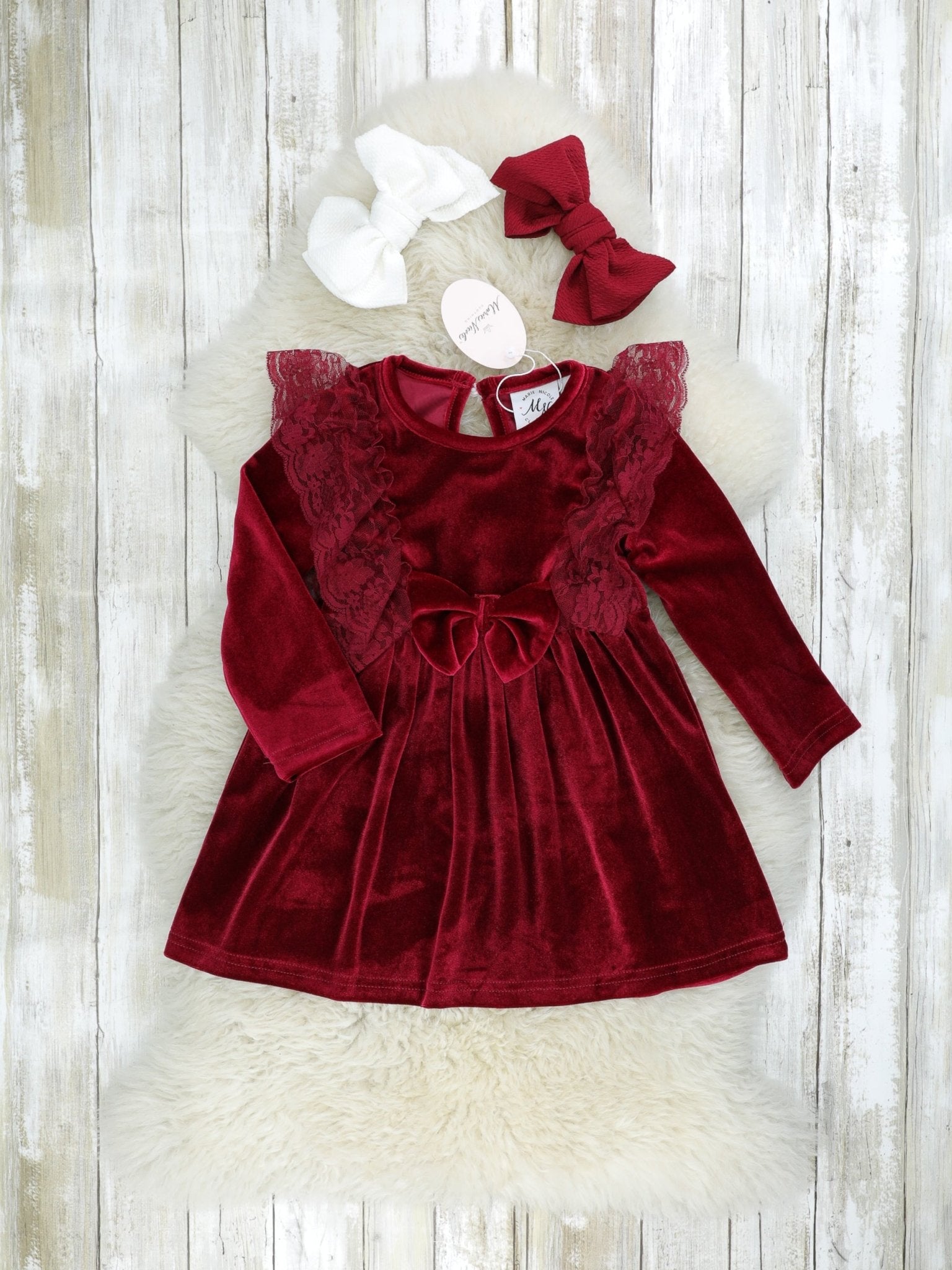 Crimson Velvet Bow Lace Dress - Marie Nicole Clothing