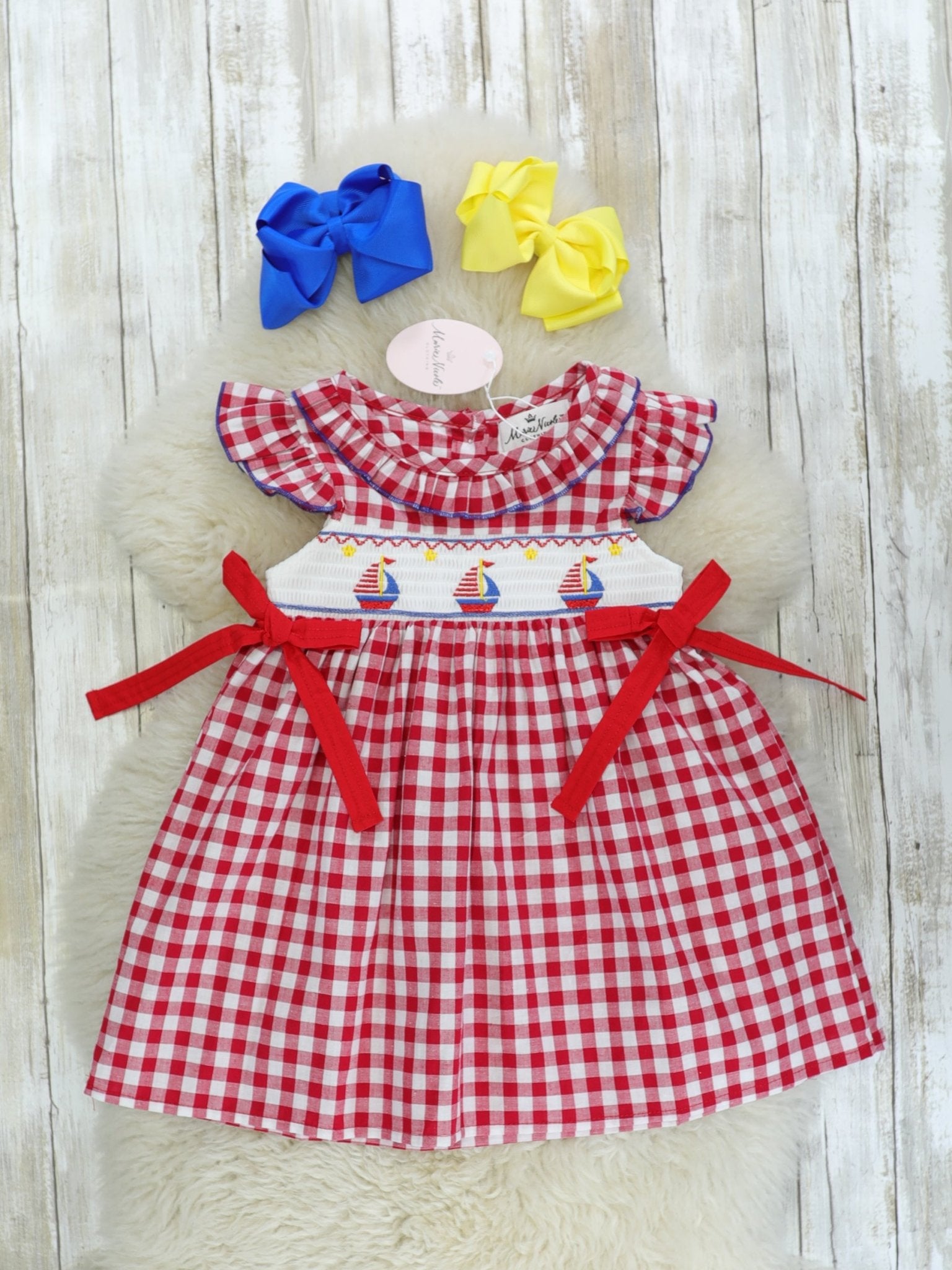 Red Check Smocked Sailboat Dress - Marie Nicole Clothing