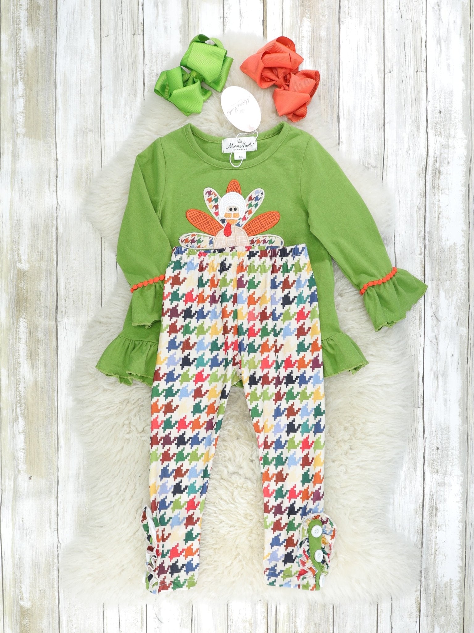 Green Houndstooth Turkey Ruffle Outfit - Marie Nicole Clothing