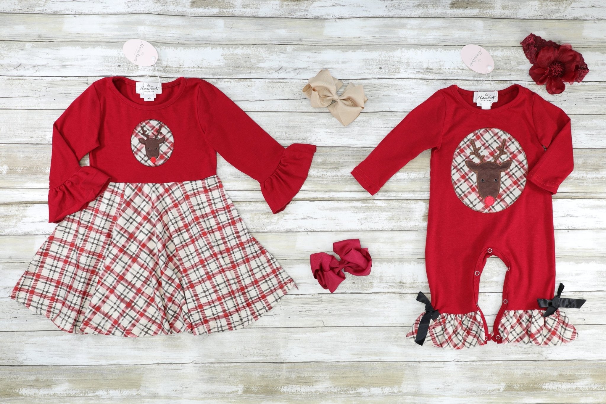 Red Plaid Reindeer Ruffle Romper - Marie Nicole Clothing