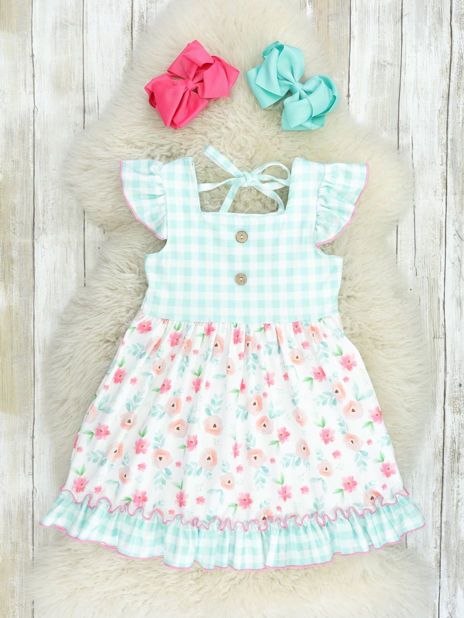 Mint Gingham Floral Ruffle Dress - Marie Nicole Clothing