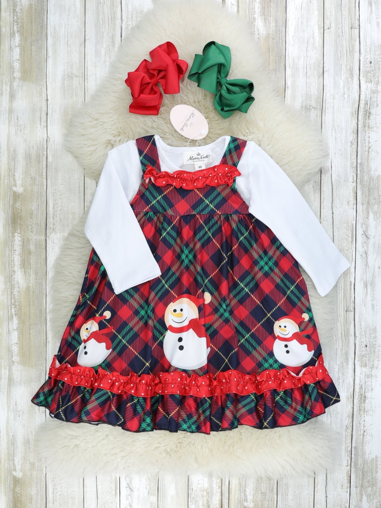 Plaid Snowman Ruffle Dress W/ White Top - Marie Nicole Clothing