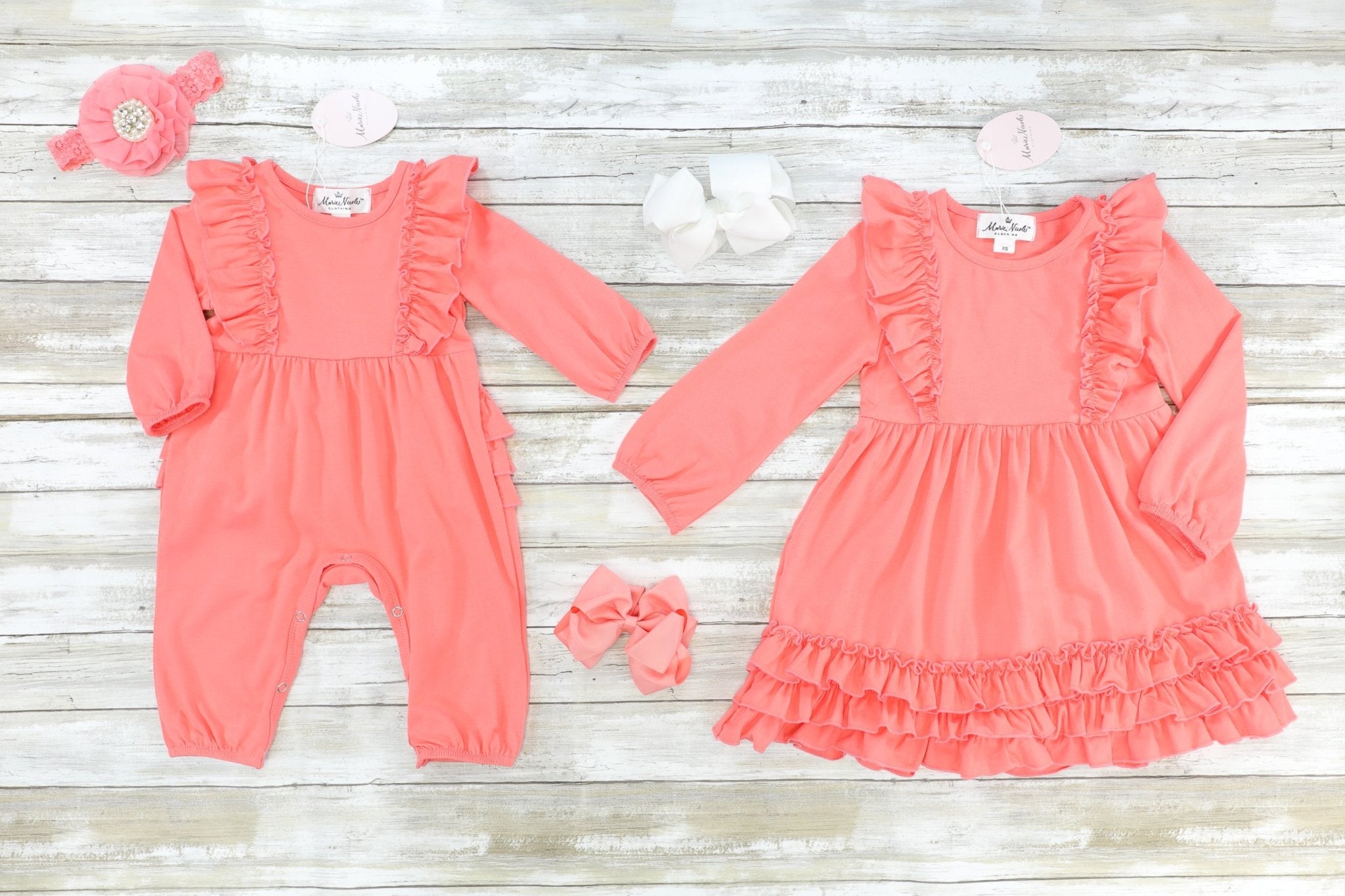 Coral Long Sleeve Ruffle Romper - Marie Nicole Clothing