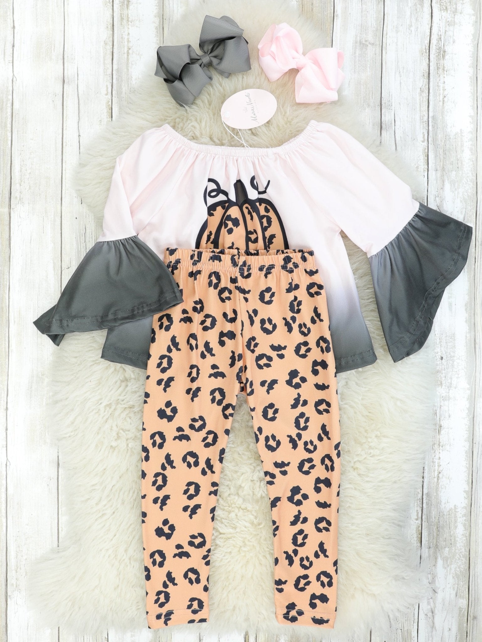 Leopard Pumpkin Bell Sleeved Top & Bottoms Outfit - Marie Nicole Clothing