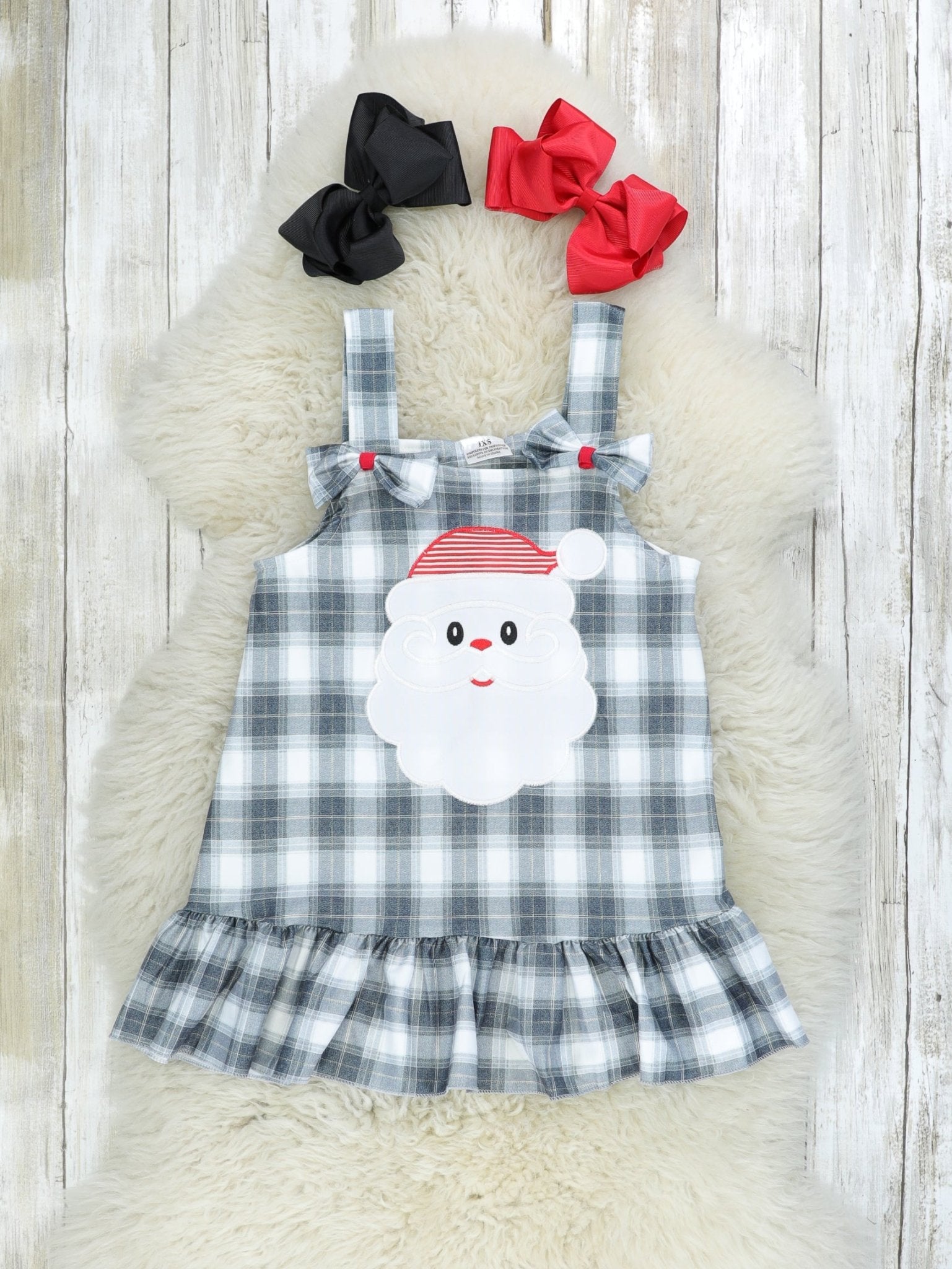 Black & White Plaid Santa Overall Dress Set - Marie Nicole Clothing