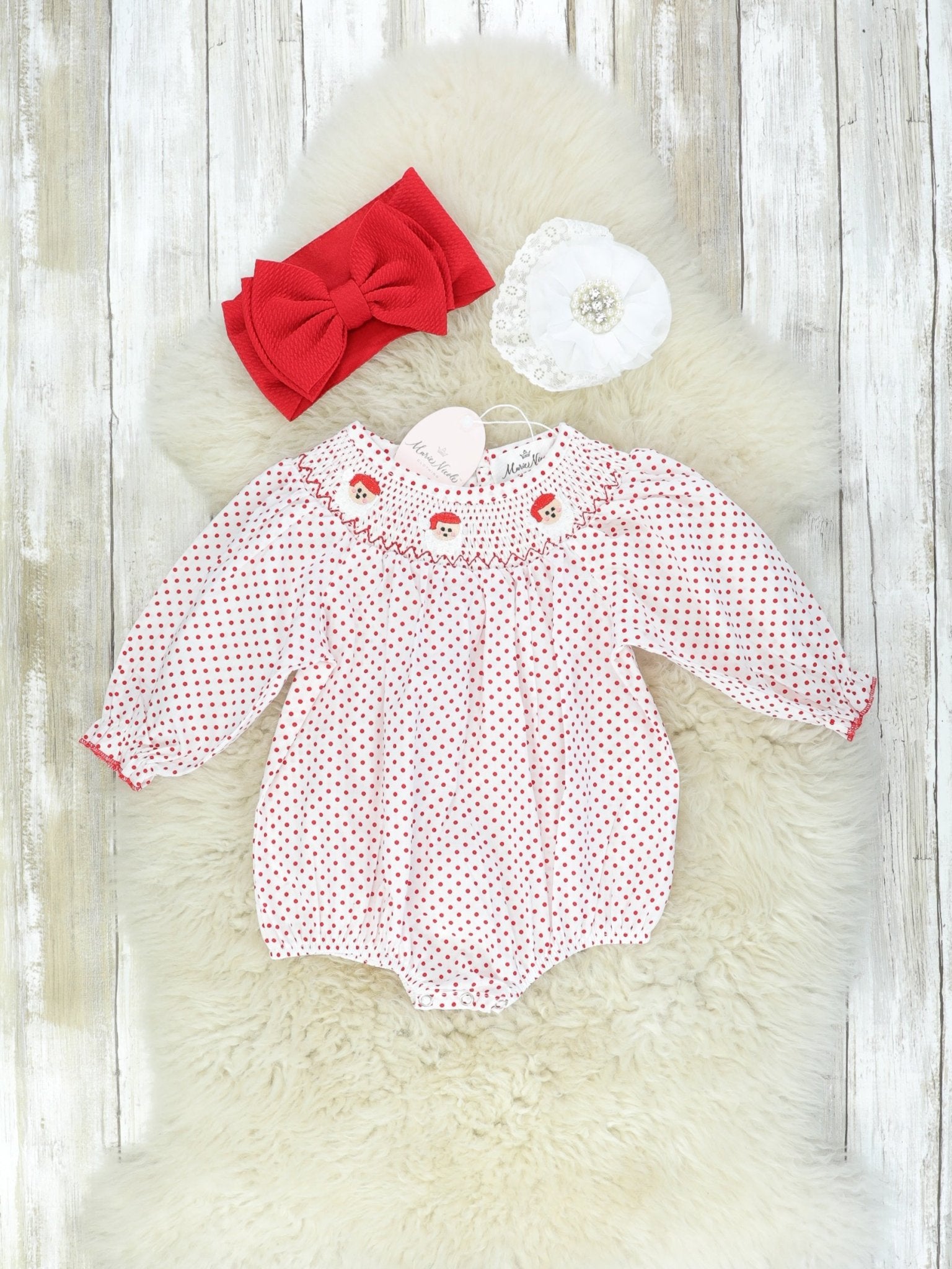 Santa & Polka Dot Smocked Bubble Romper - Marie Nicole Clothing