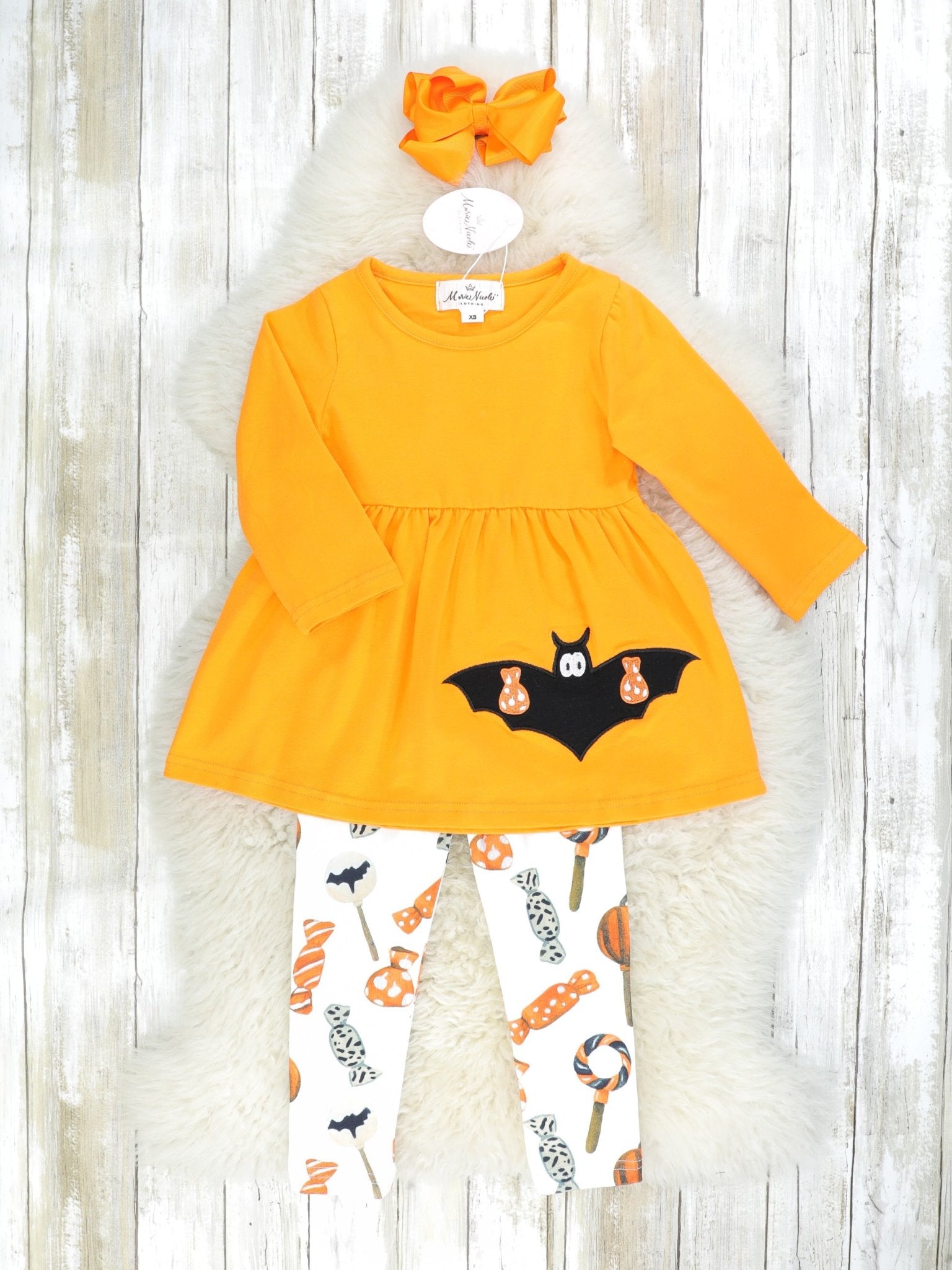 Orange Bat Peplum Top & Candies Bottoms Outfit W/ Scarf - Marie Nicole Clothing