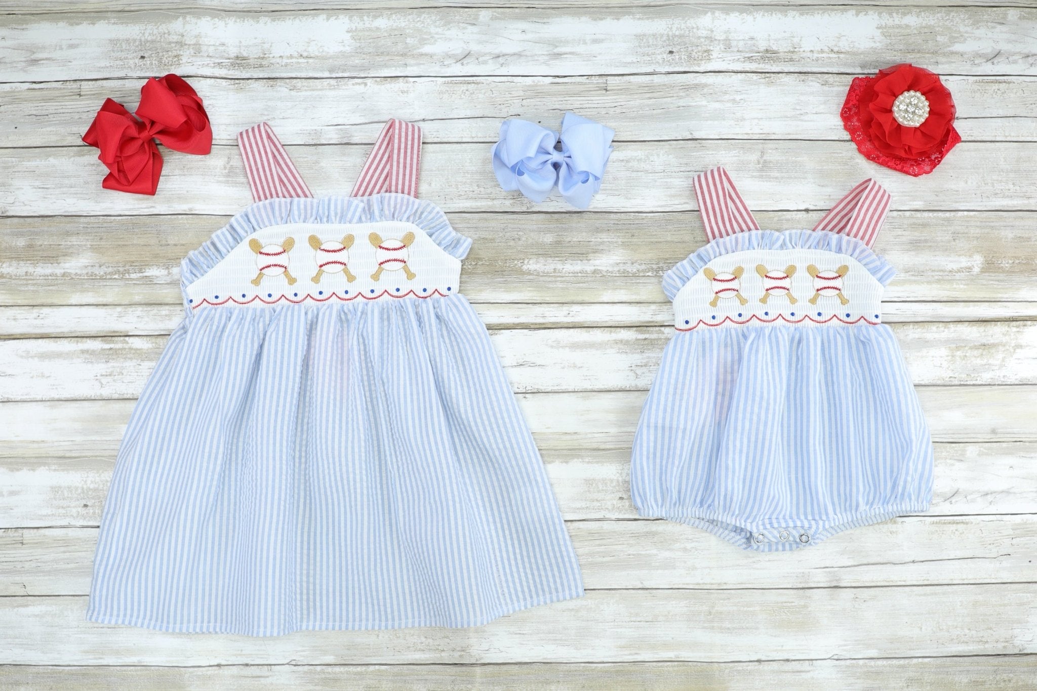 Blue Pinstriped Baseball Bubble Romper - Marie Nicole Clothing