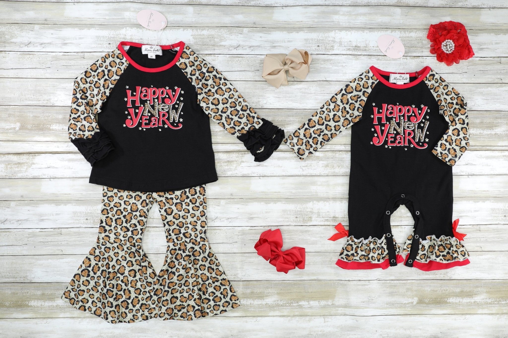 "Happy New Year" Leopard Raglan Ruffle Outfit - Marie Nicole Clothing