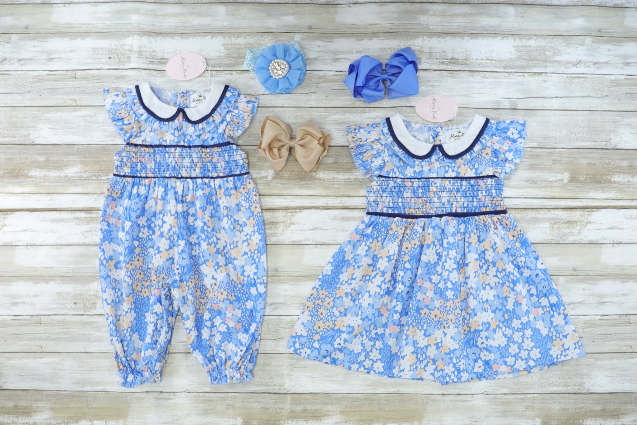 Smocked Blue Floral Dress - Marie Nicole Clothing