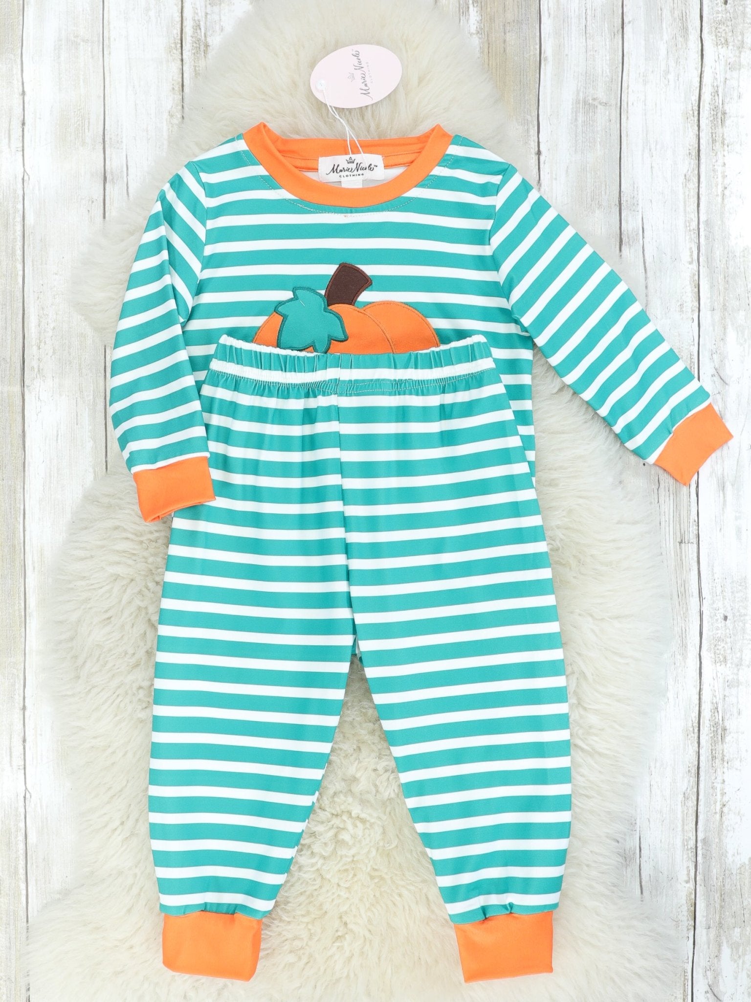 Teal Striped Pumpkin Pajamas - Marie Nicole Clothing