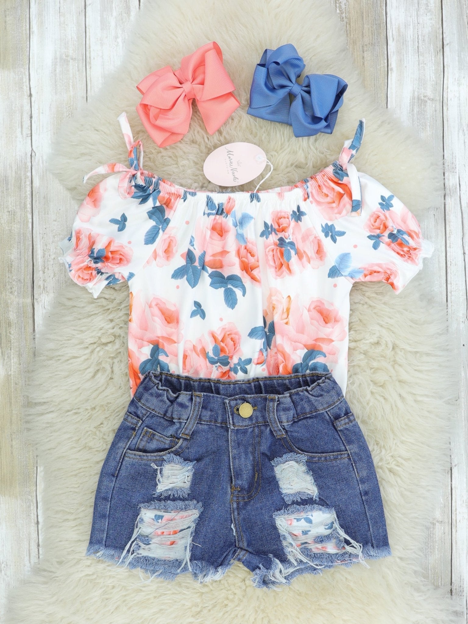 Peachy Floral Tie Shirt & Distressed Denim Outfit - Marie Nicole Clothing