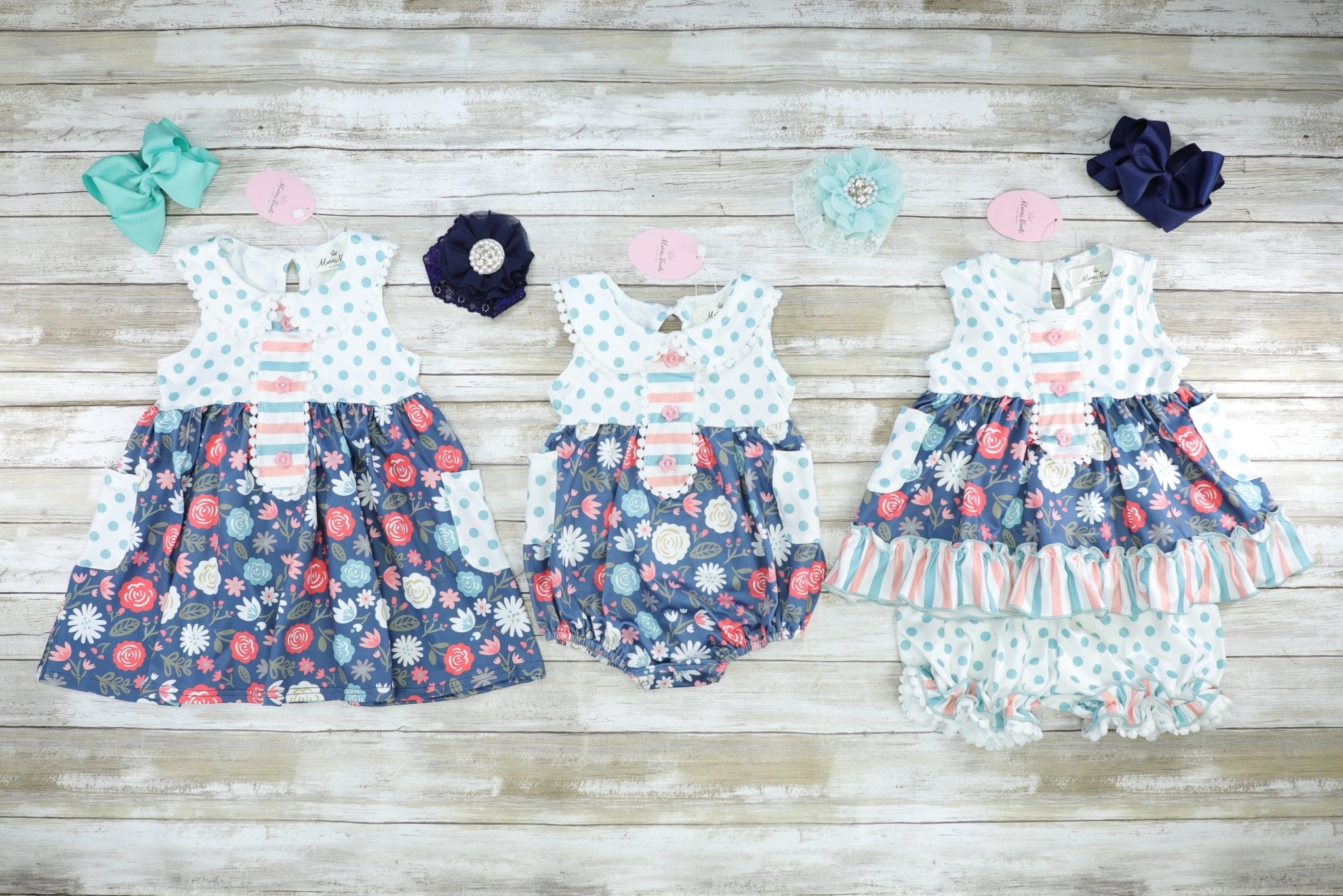 Navy Floral Polka Dotted Bubble Romper - Marie Nicole Clothing