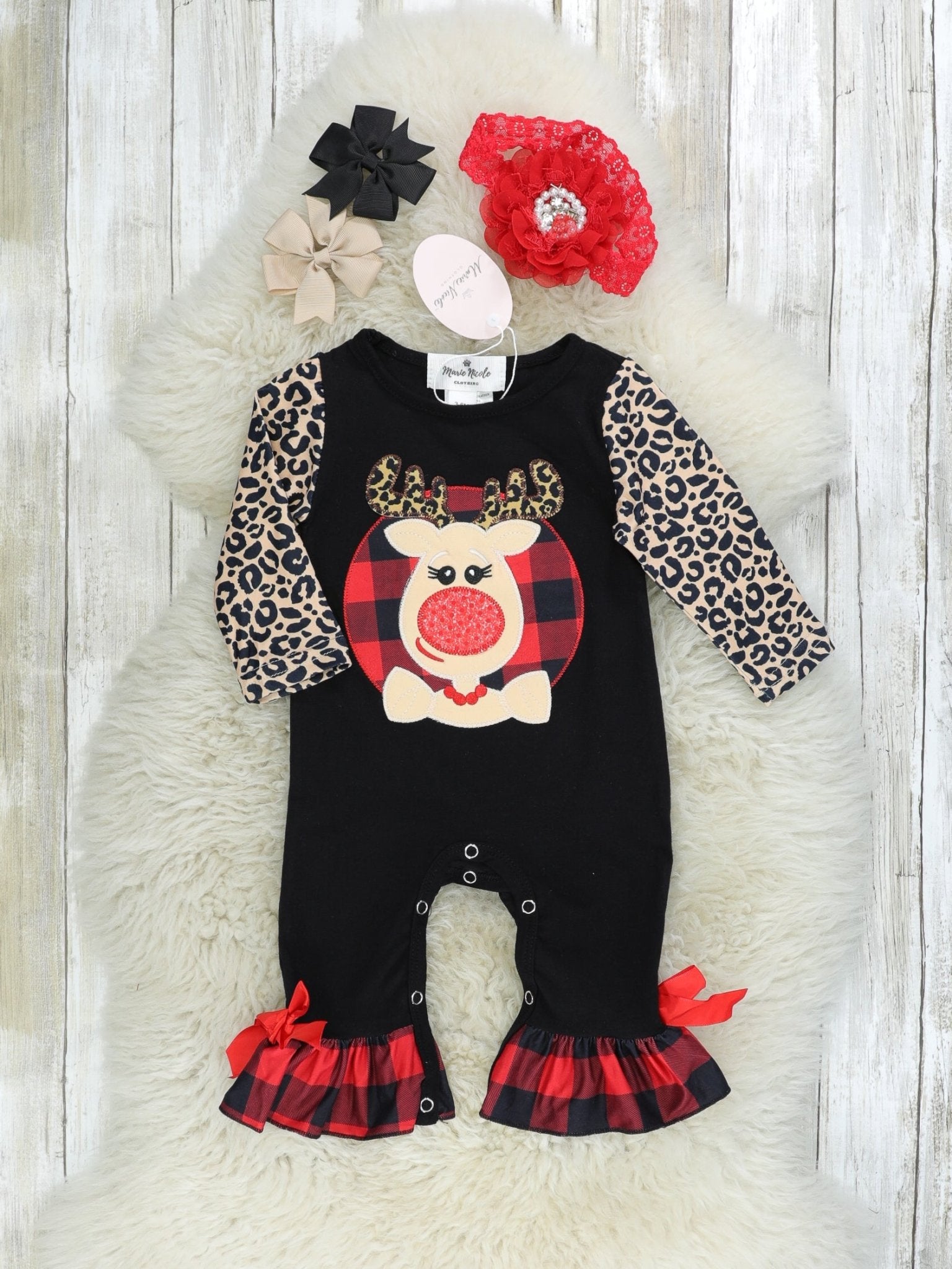 Leopard Reindeer Ruffle Raglan Romper - Marie Nicole Clothing