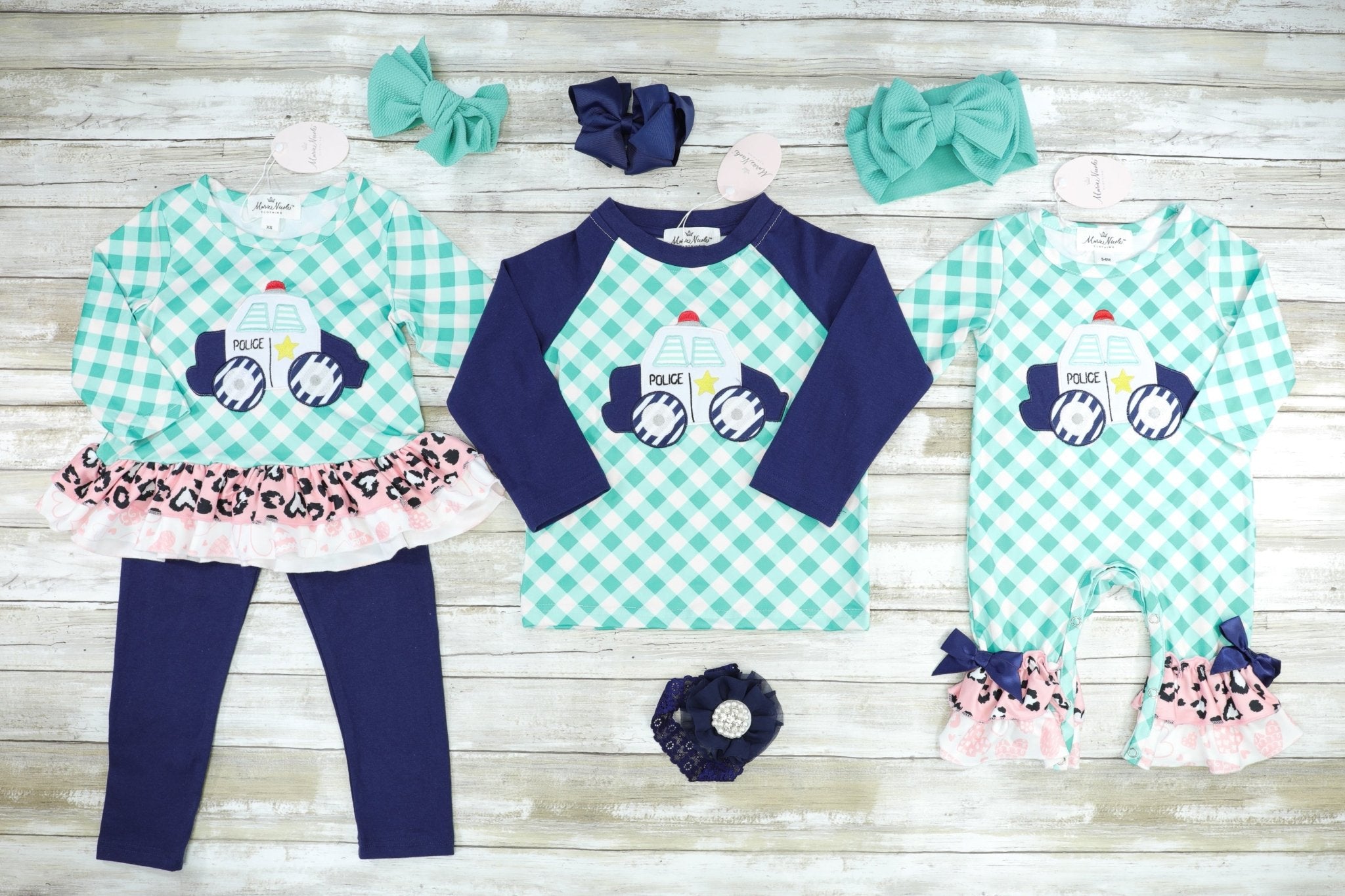 Blue Checked Police Car Ruffle Outfit - Marie Nicole Clothing