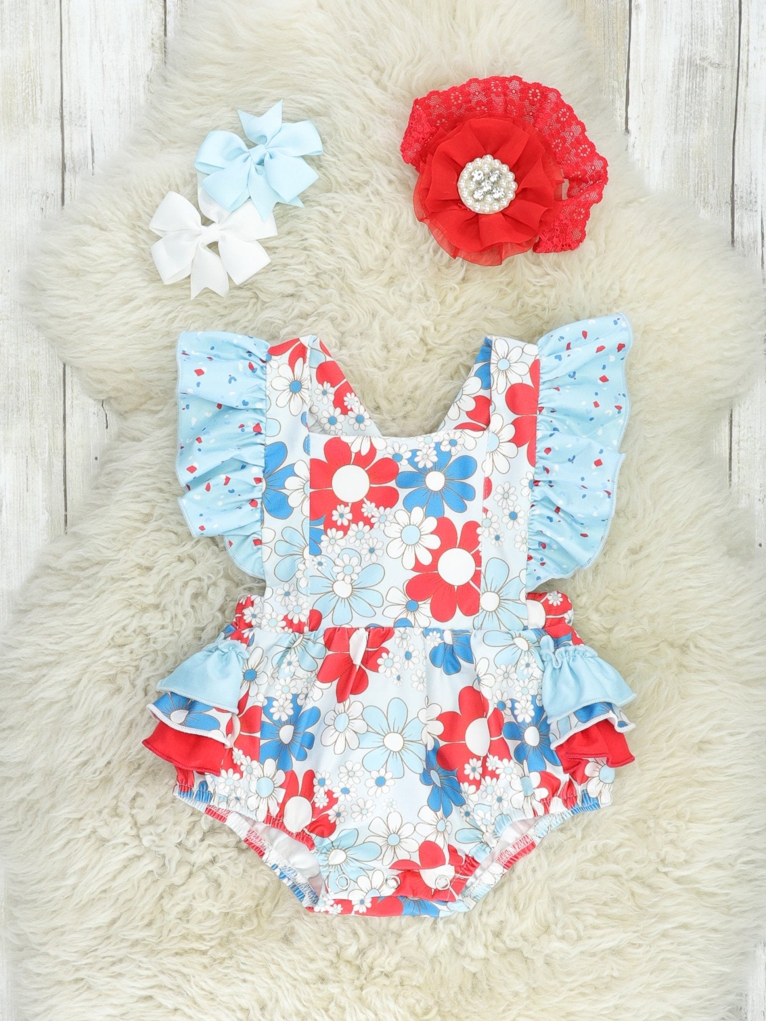 Patriotic Floral Ruffle Bubble Romper - Marie Nicole Clothing