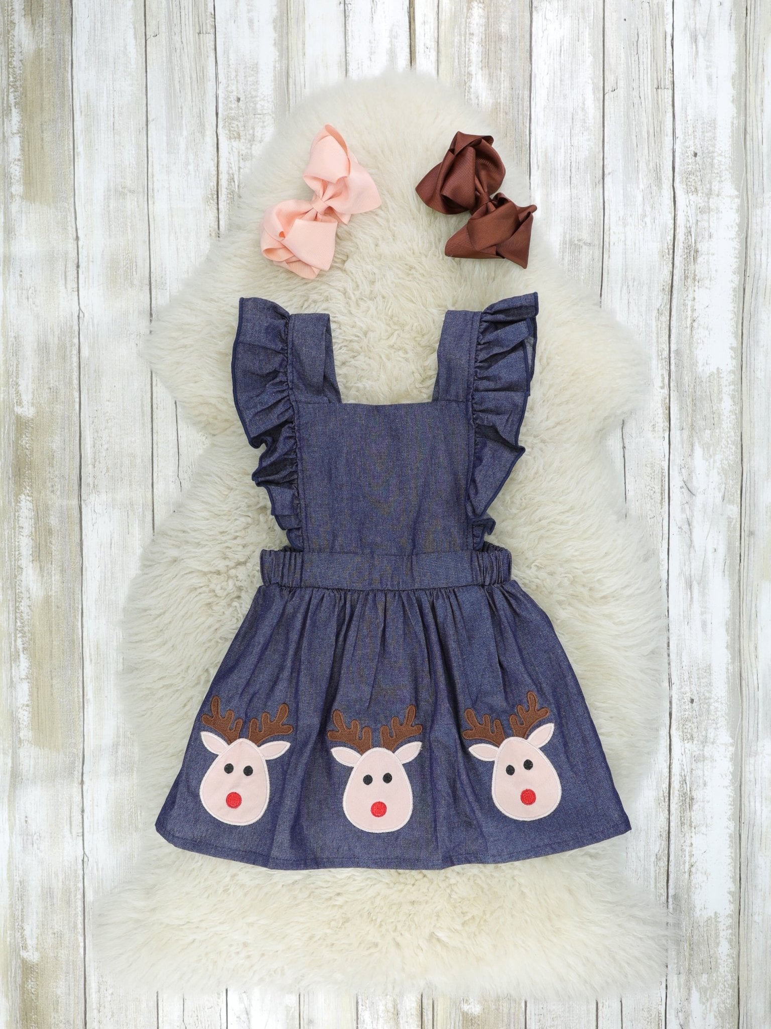 White Top & Chambray Reindeer Ruffle Dress - Marie Nicole Clothing