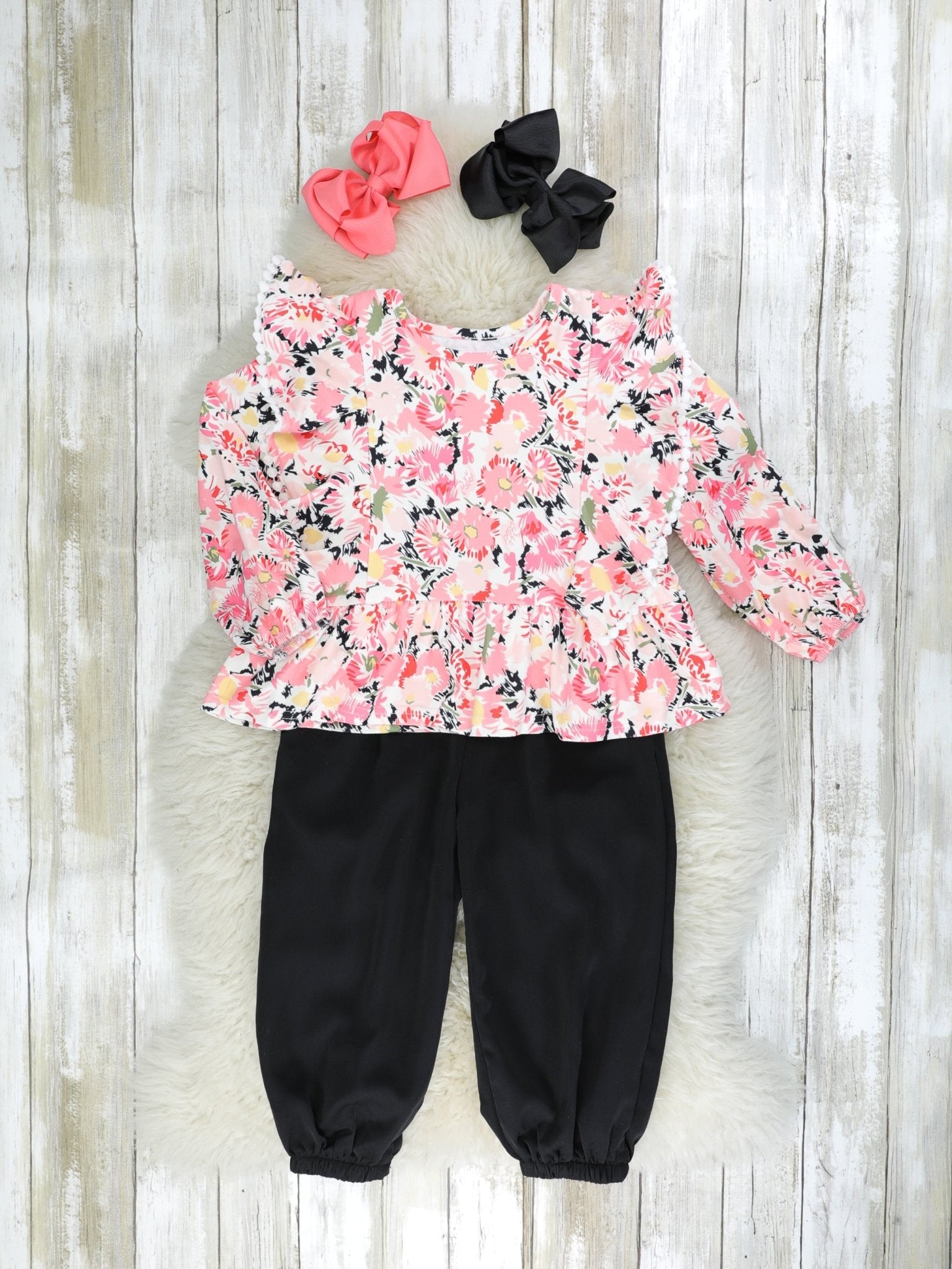 Pink Floral Ruffle Top & Black Joggers Outfit - Marie Nicole Clothing