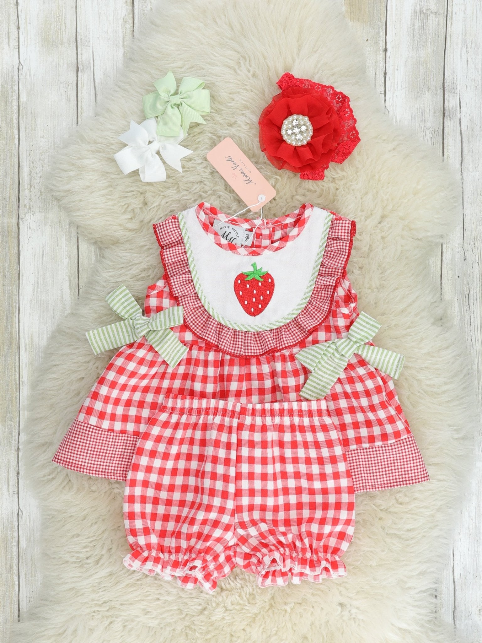 Red Gingham Strawberry Bib Collar Bloomers Outfit - Marie Nicole Clothing